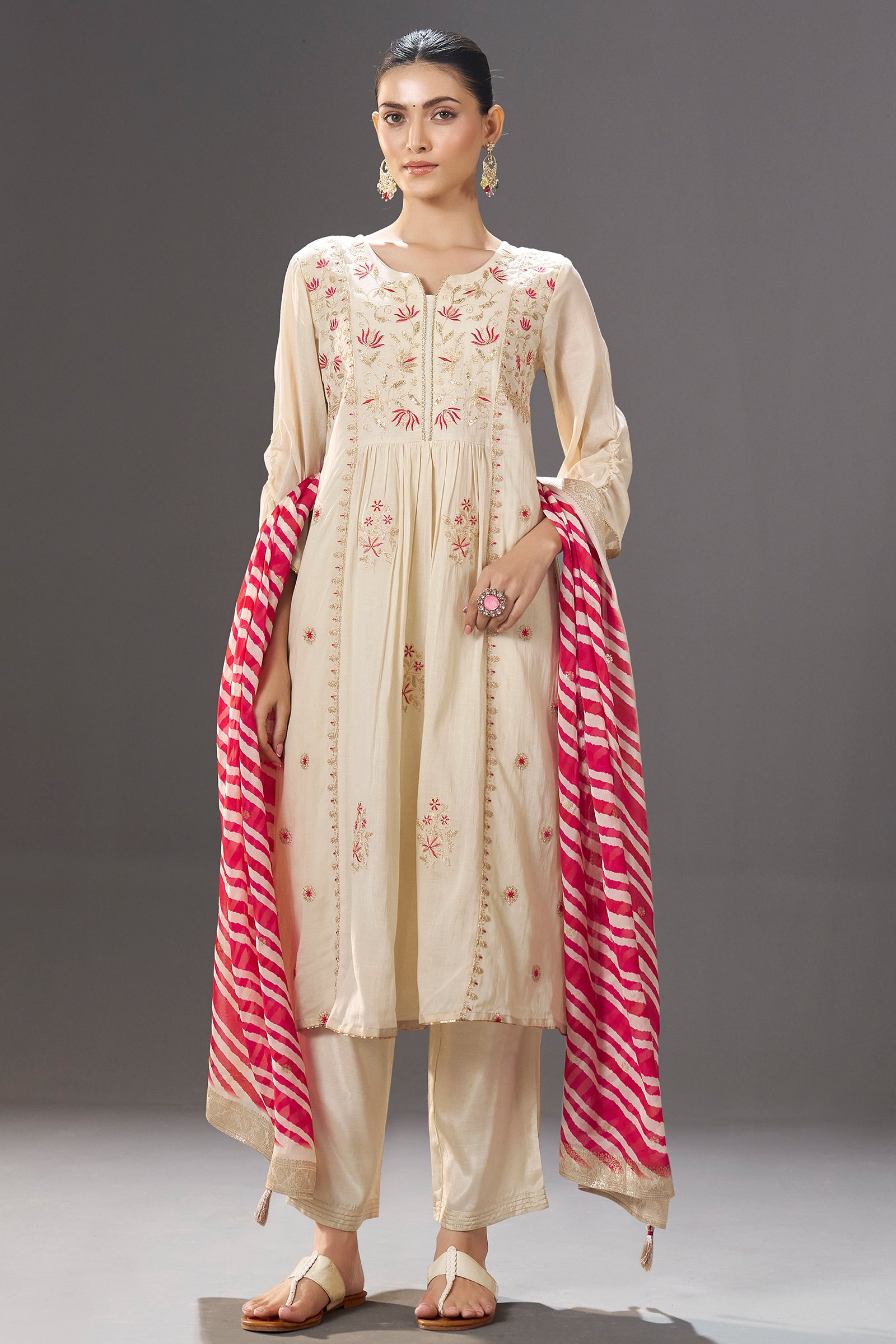 Ivory Blossom Embroidery Kurta Set with Leheriya Dupatta