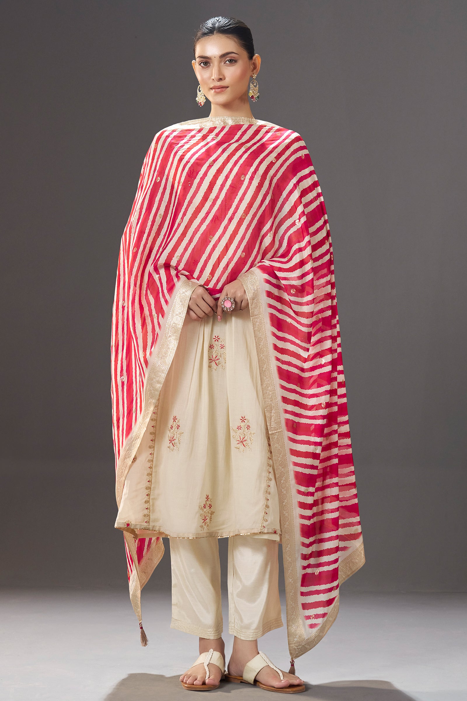 Ivory Blossom Embroidery Kurta Set with Leheriya Dupatta