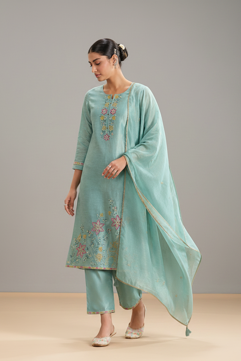 Seafoam Blue Shimmer Linen Embroidered Kurta Set