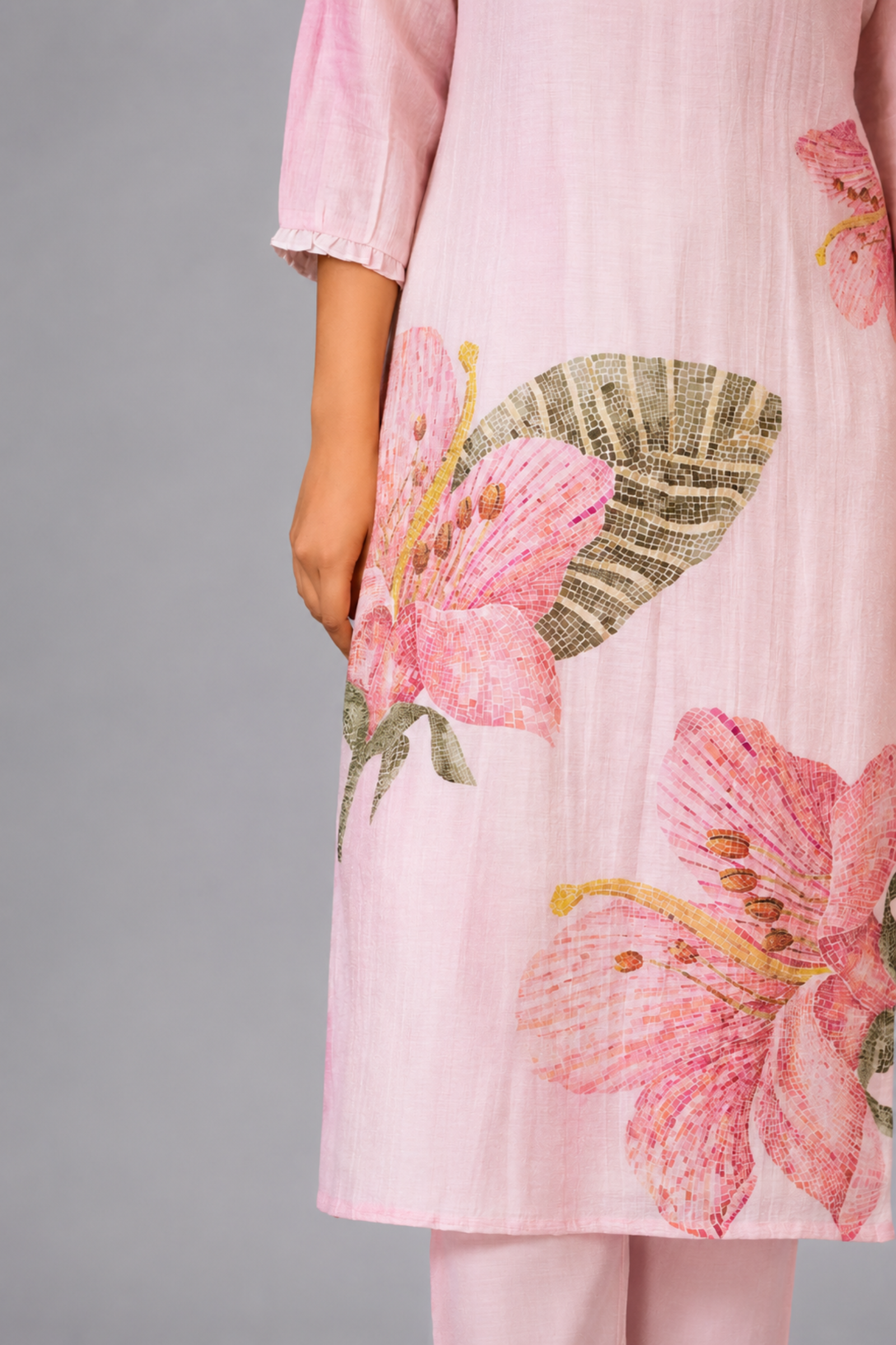 Soft Lotus Pink Shimmer Linen Digital Print Kurta Set