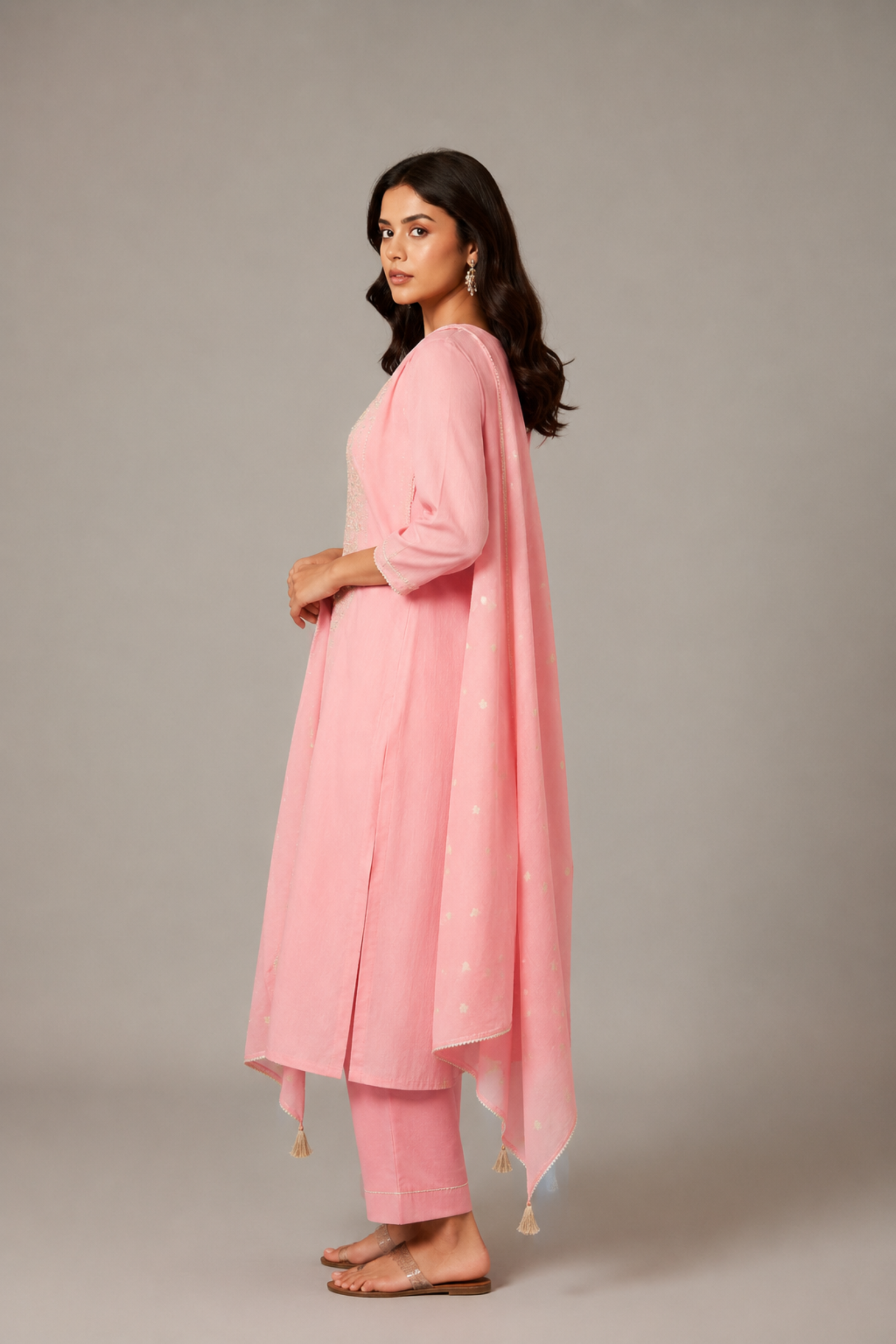 Ballet Rose Mul Chanderi A-Line Embroidery Kurta Set