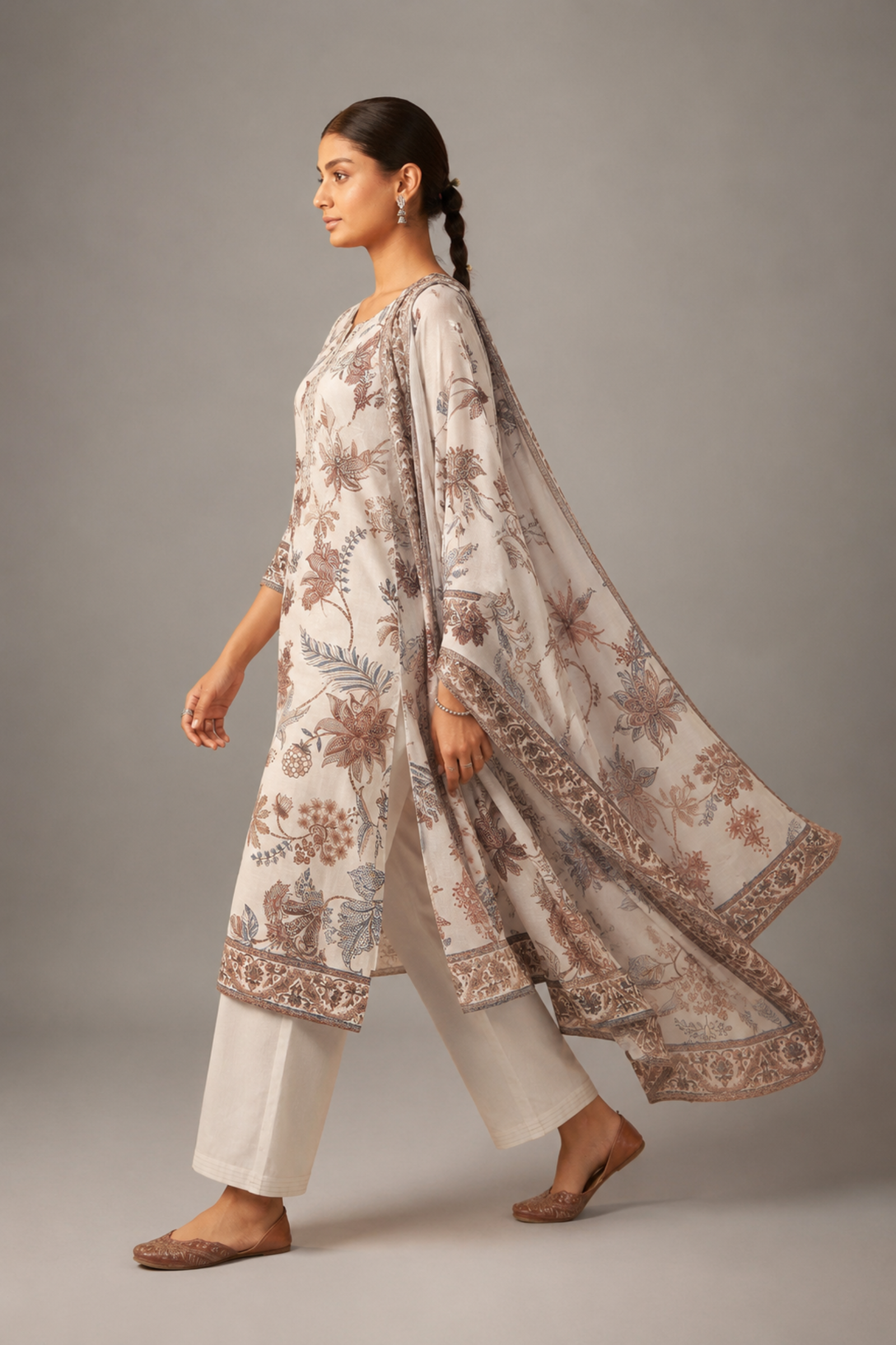 Avenza Cream Printed Linen Kurta Set