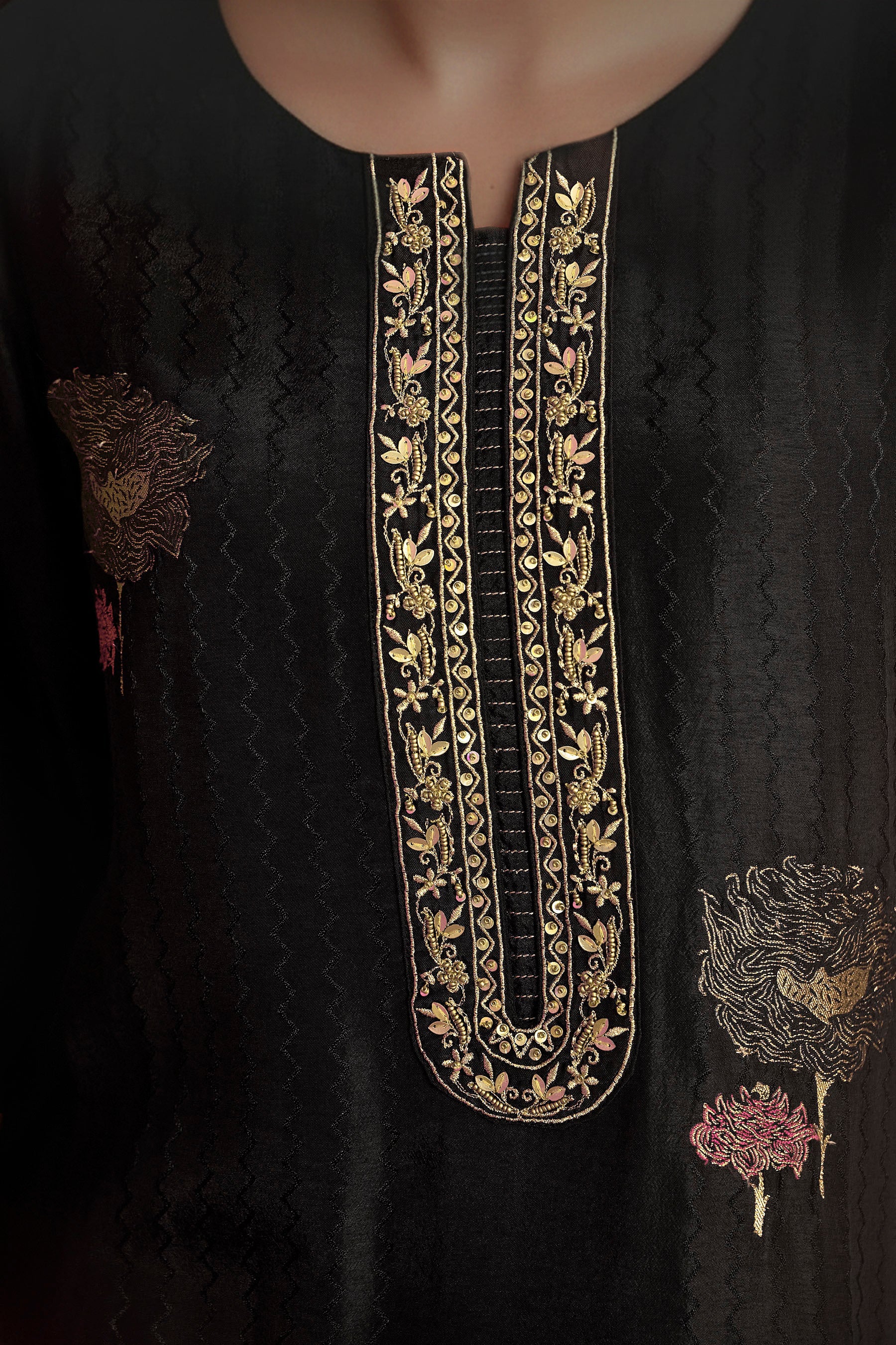 Black Handworked Silk Festive Kurta Set