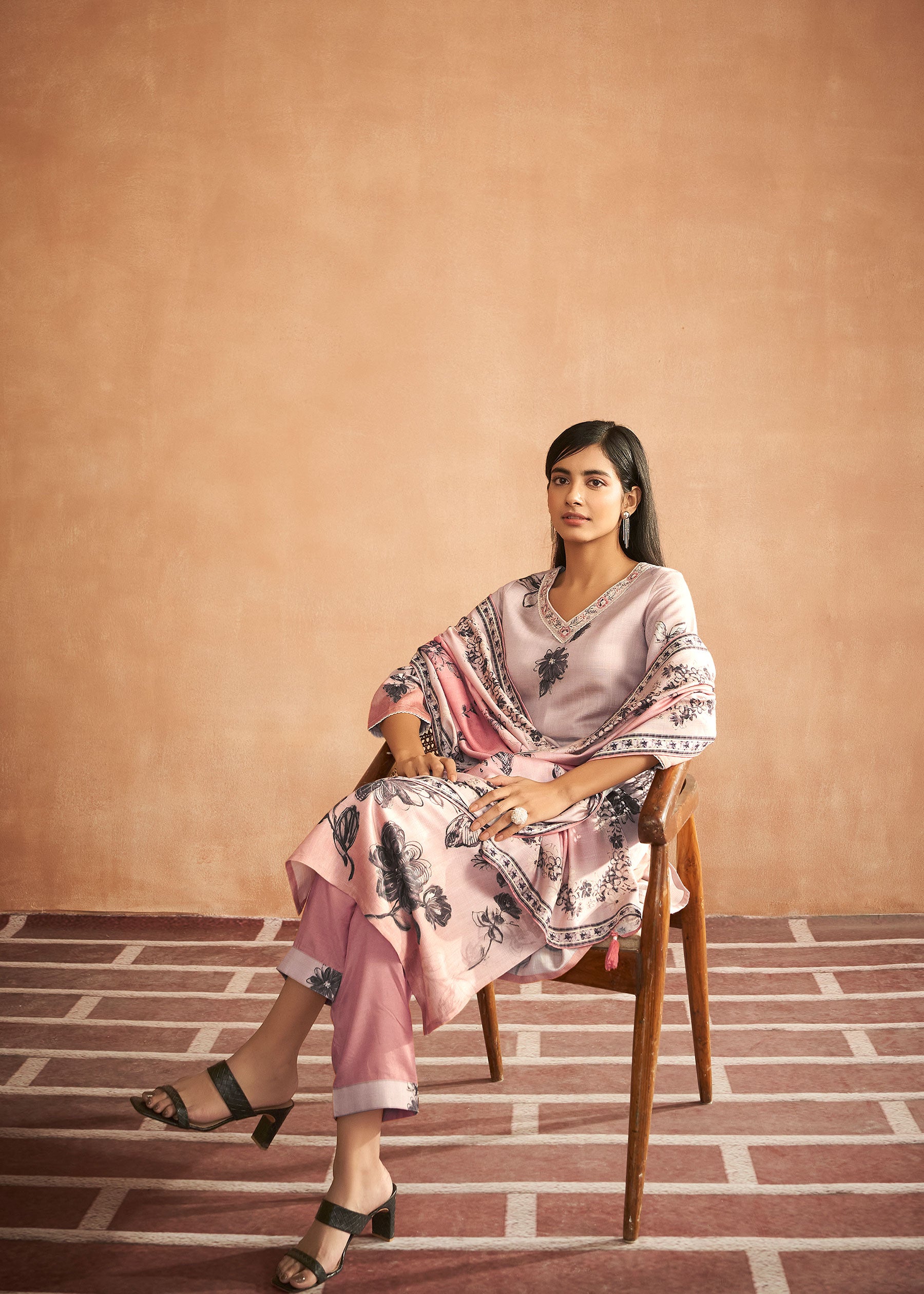 Zaraya Peach Digital Print Kurta Set