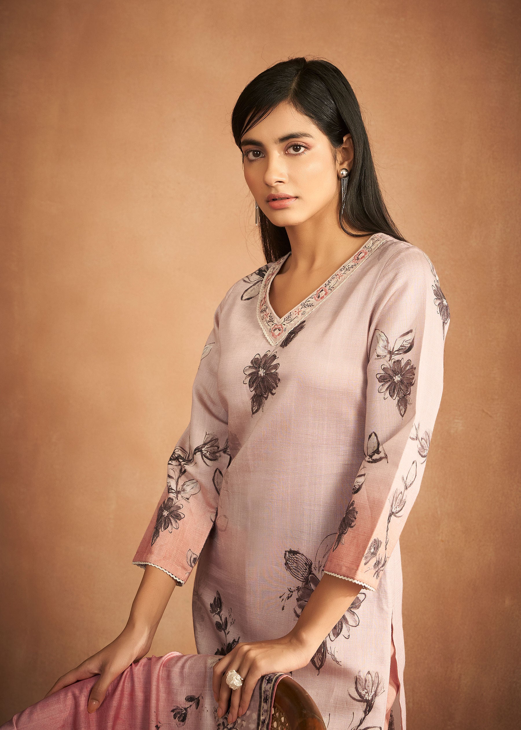 Zaraya Peach Digital Print Kurta Set