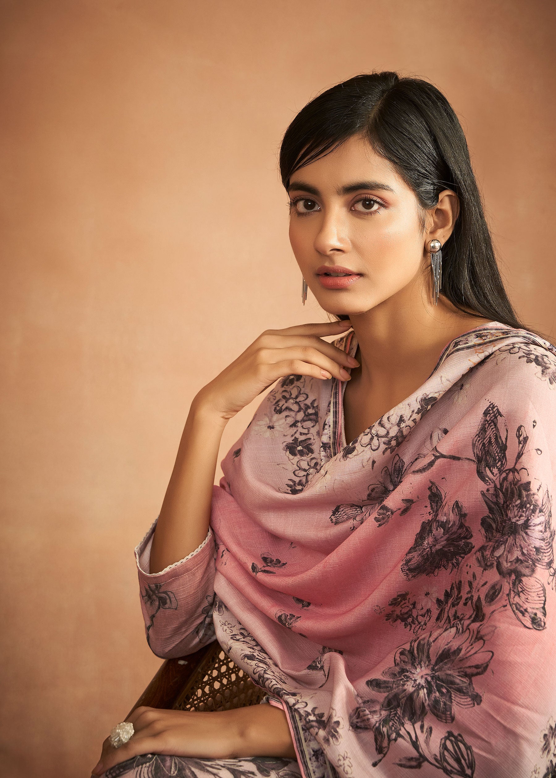 Zaraya Peach Digital Print Kurta Set