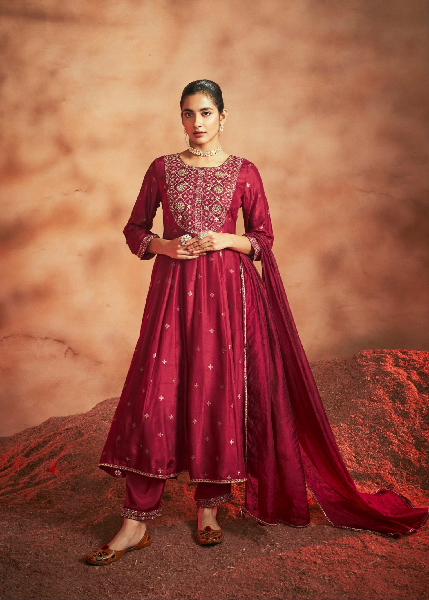 Peshwai Red Dola Anarkali Set