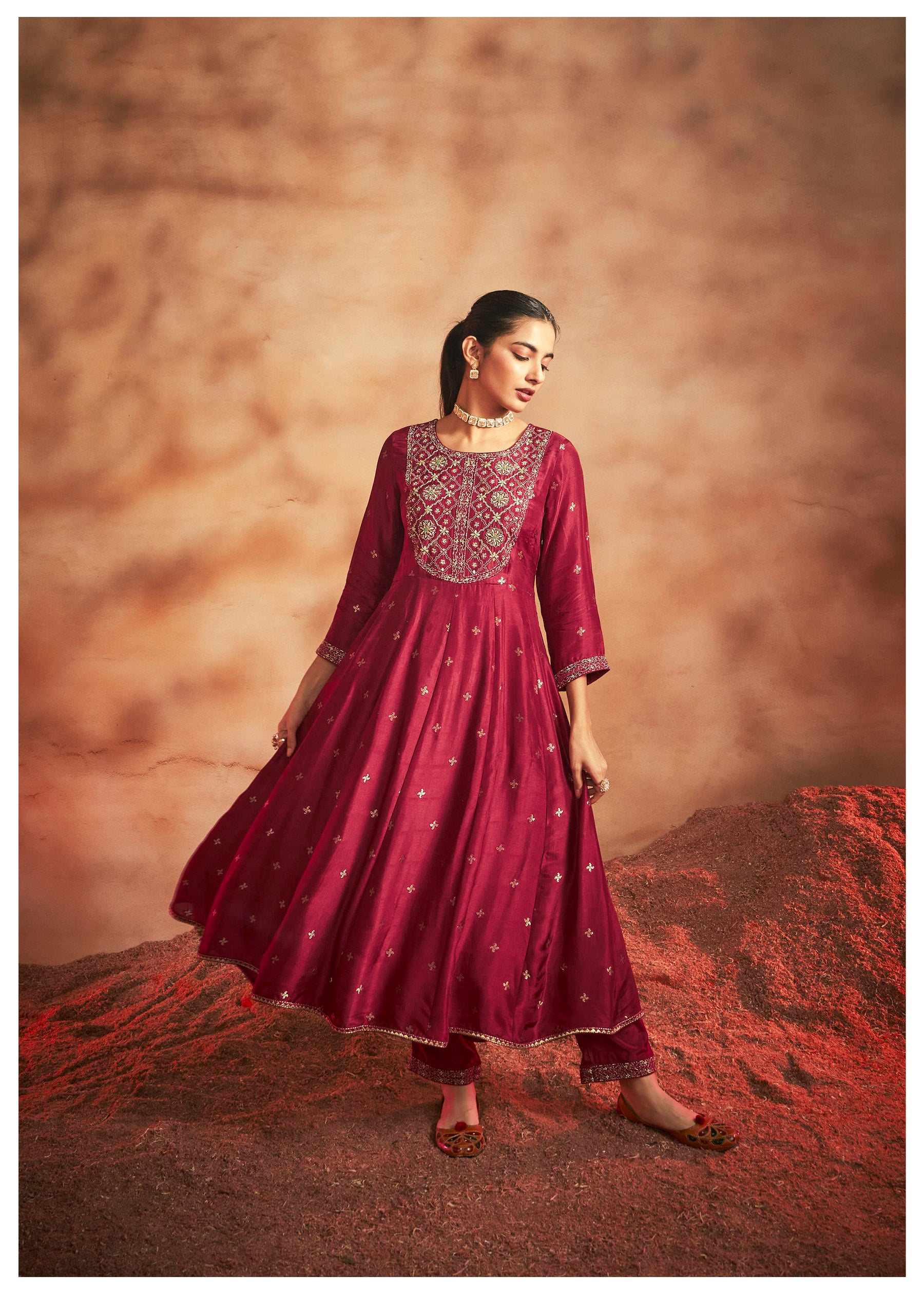 Peshwai Red Dola Anarkali Set