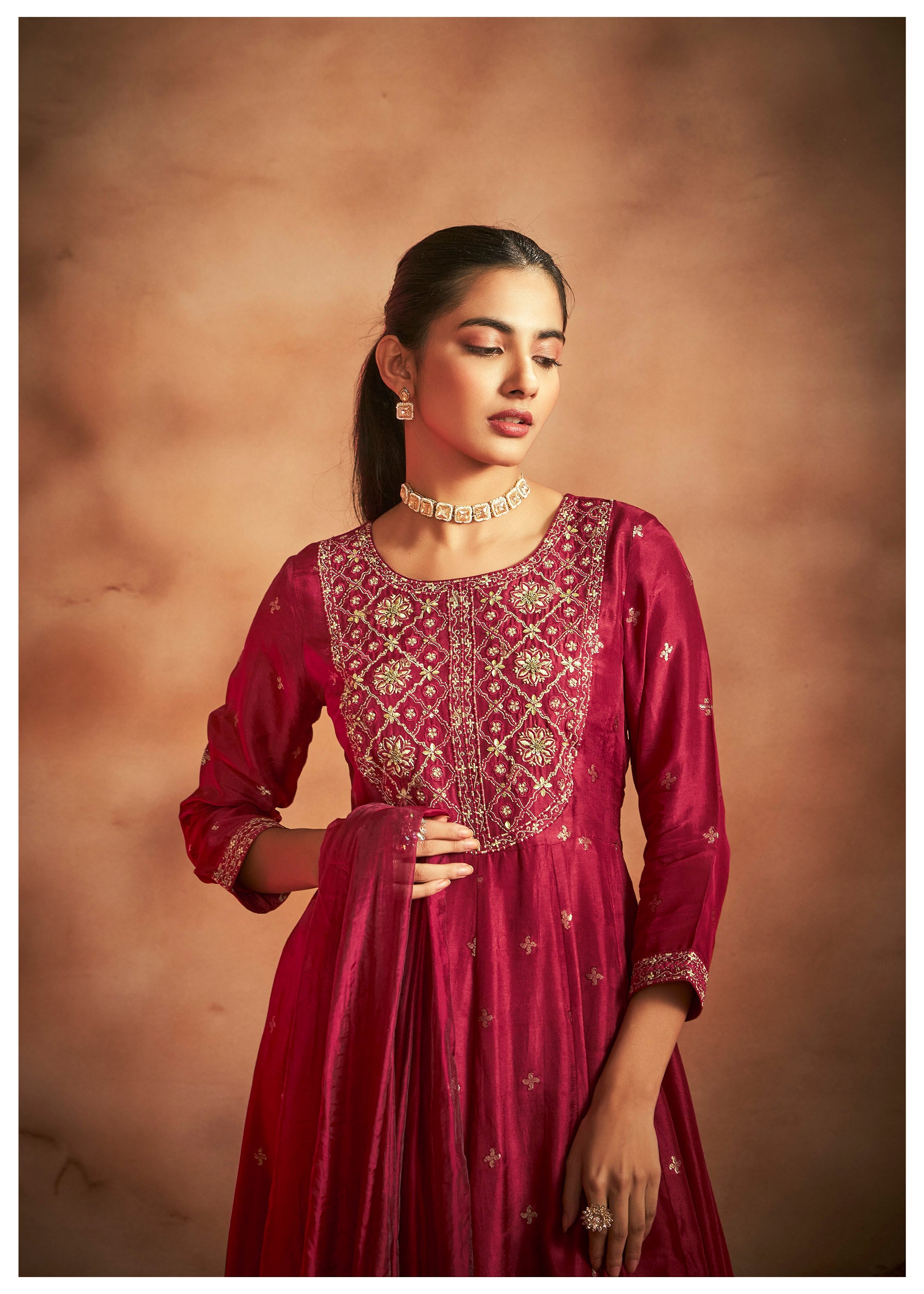 Peshwai Red Dola Anarkali Set