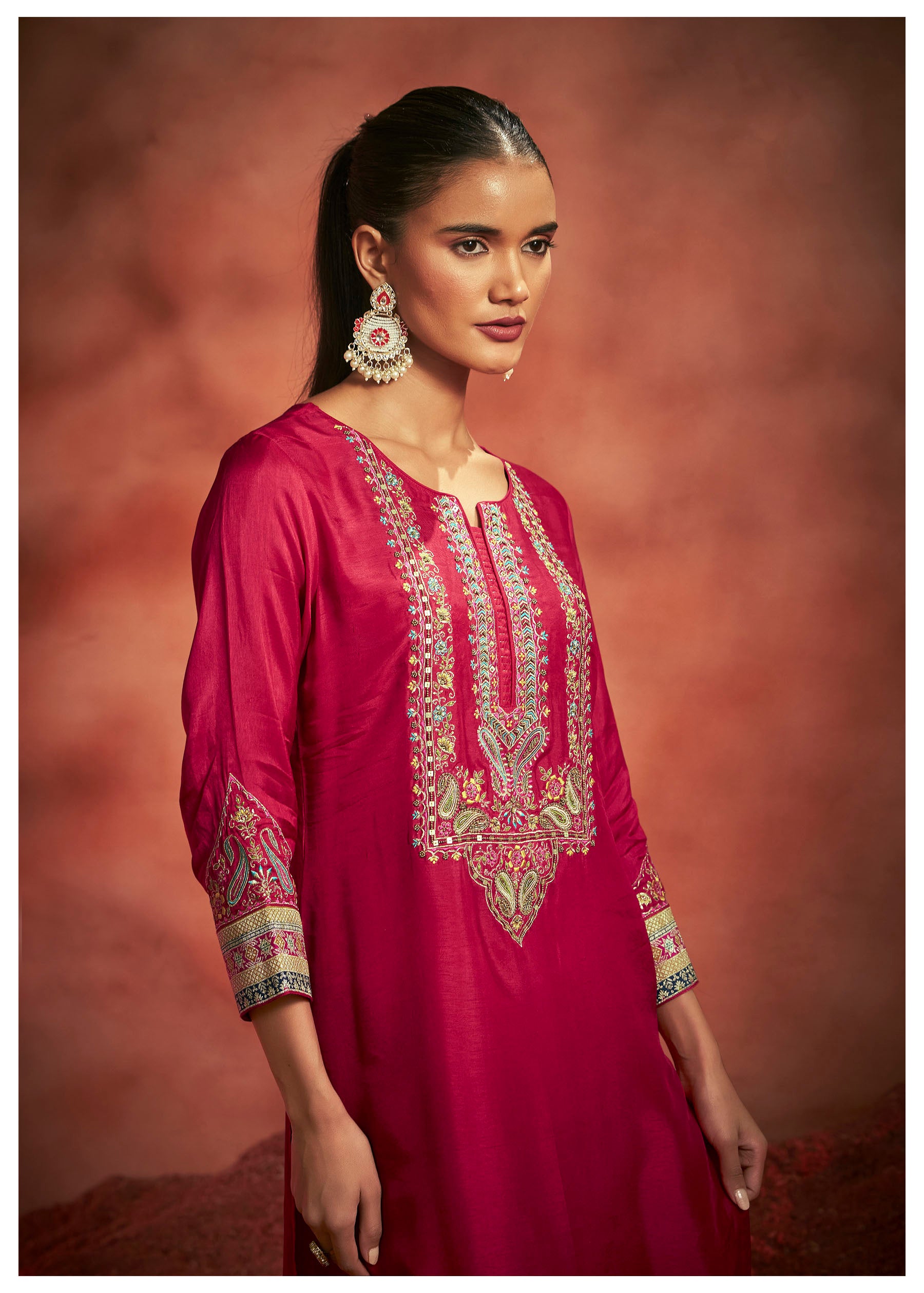 Scarvya Red Dola Silk Kurta Set