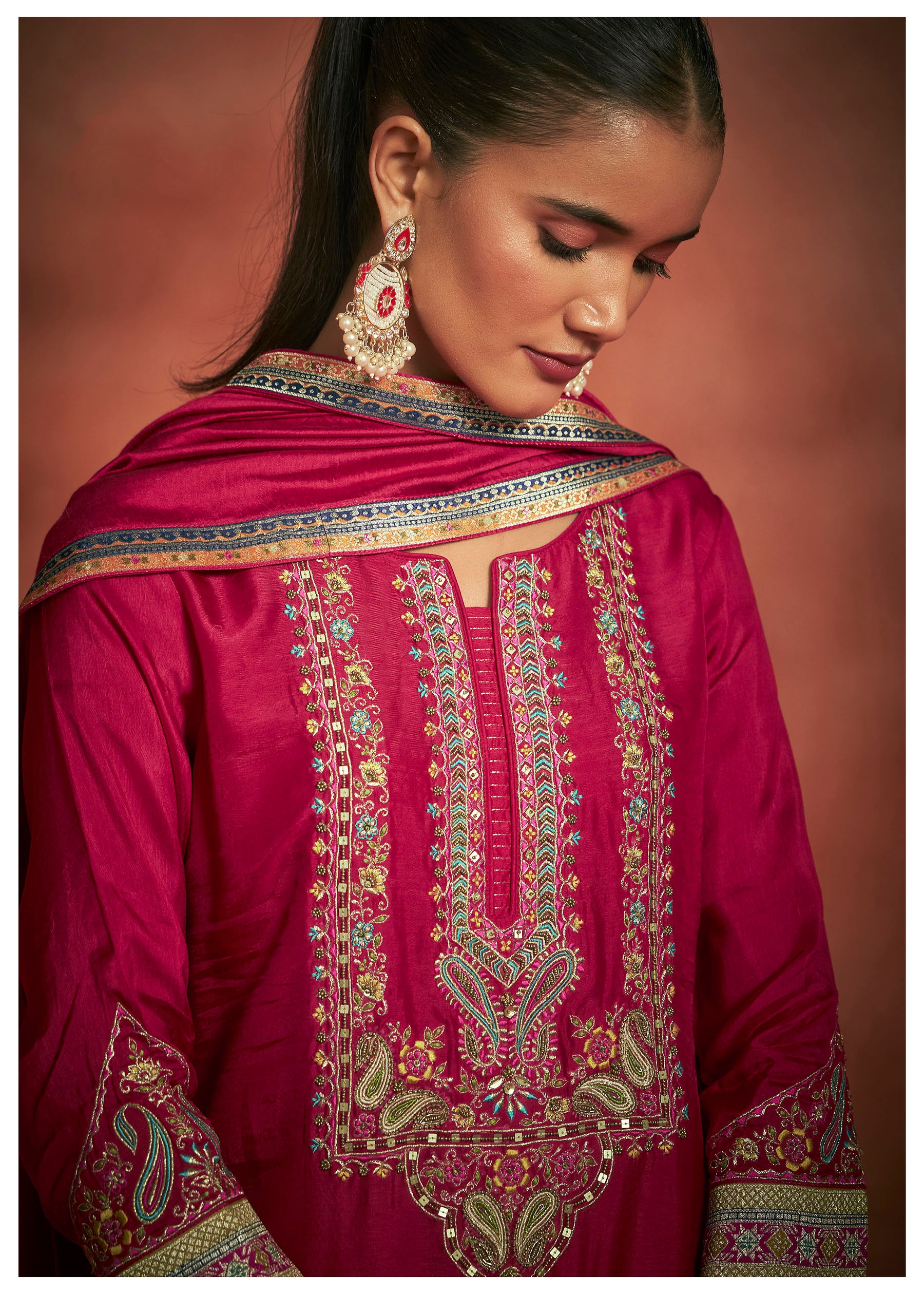 Scarvya Red Dola Silk Kurta Set