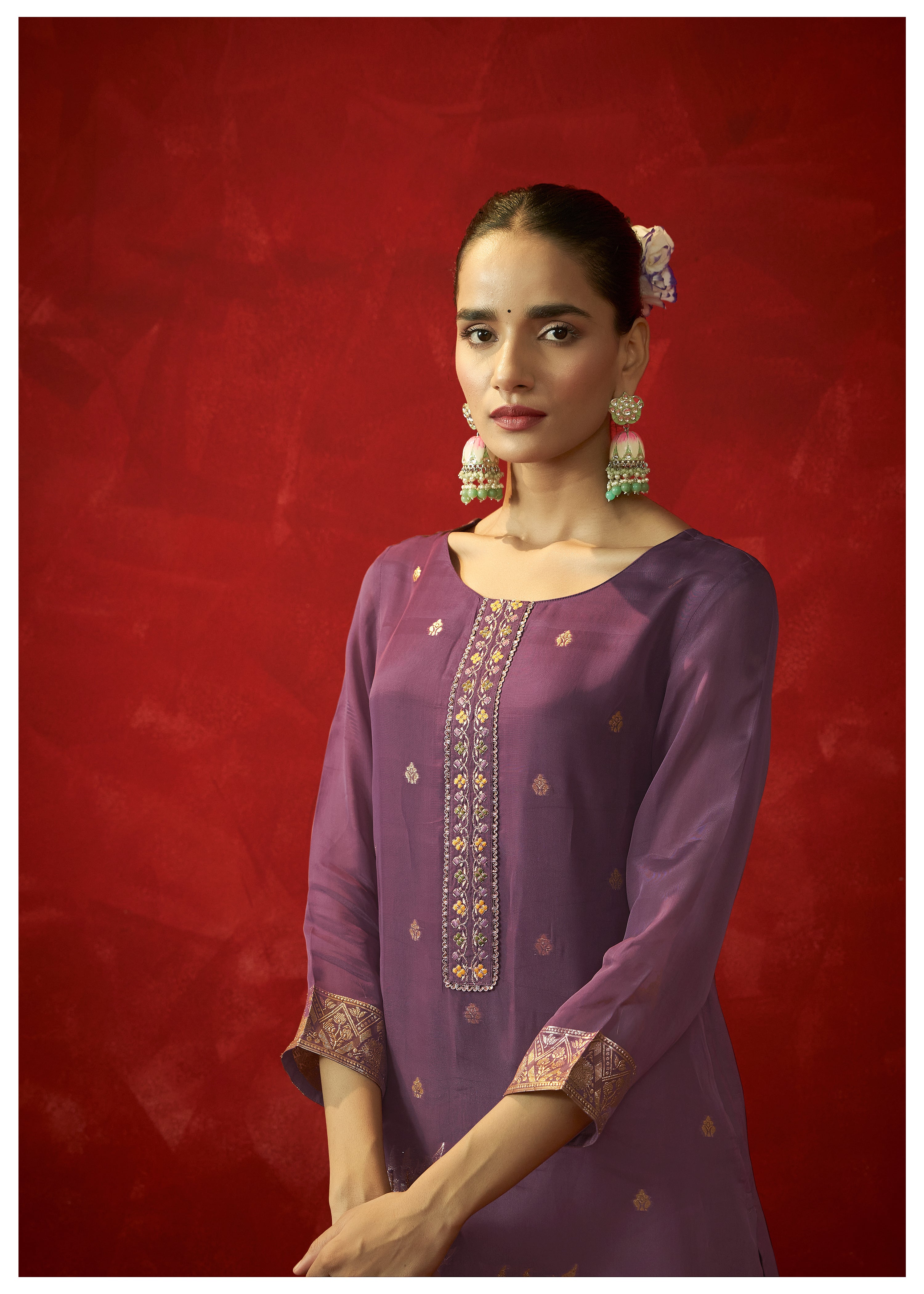 Royal Plum Organza Jacquard Ensemble
