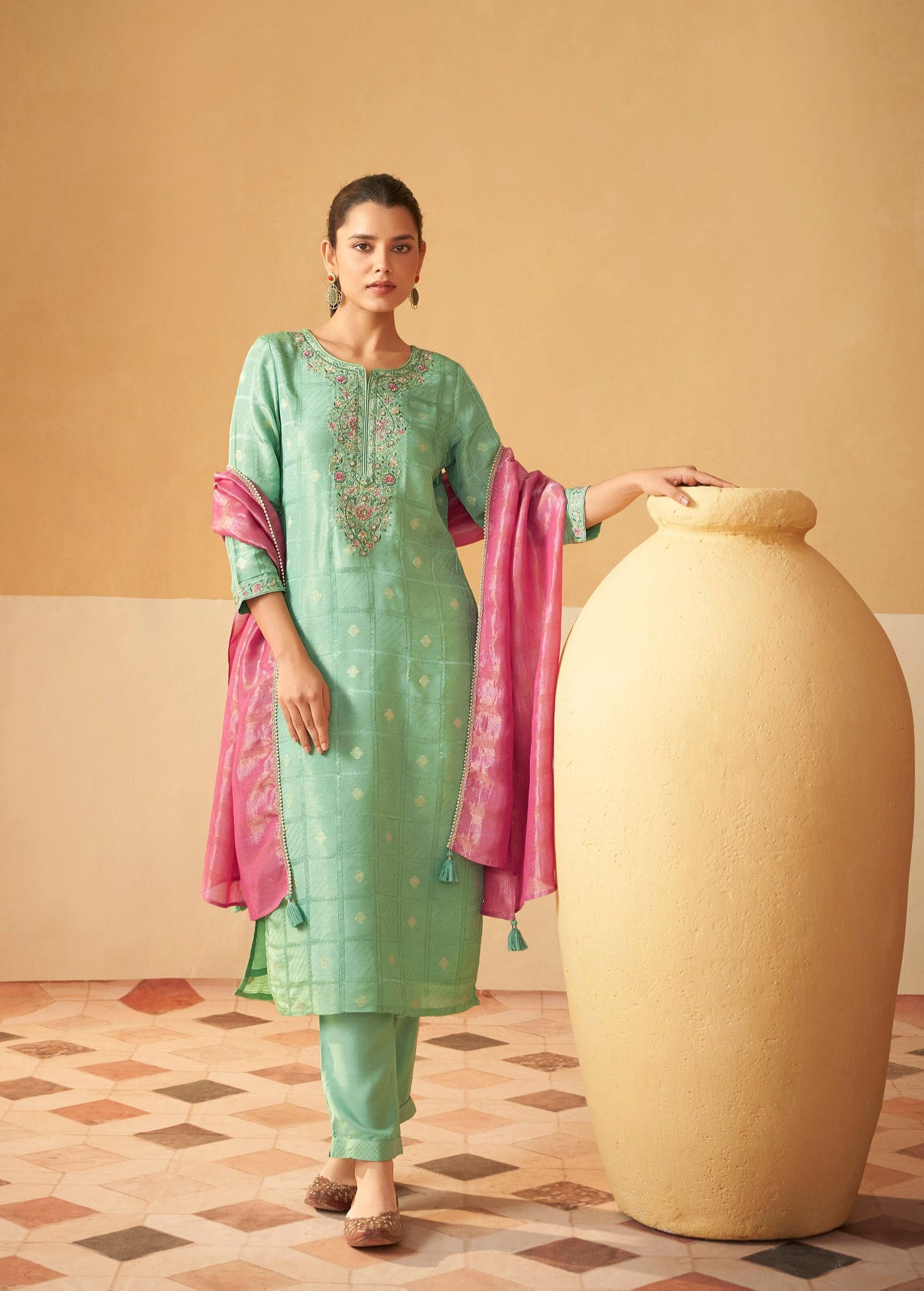 Jade Green Tissue Shimmer Silk Kurta Set