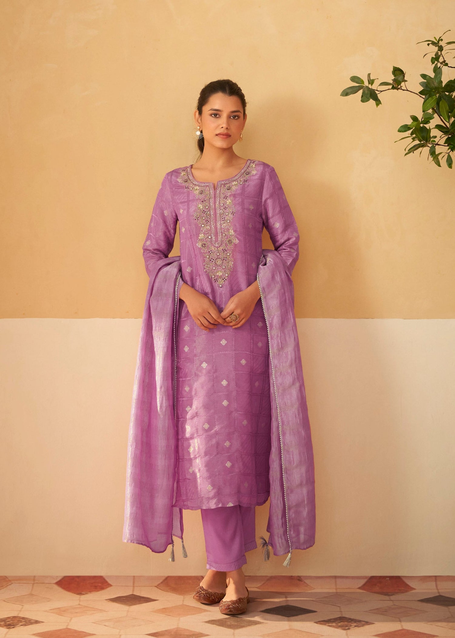 Amethyst Shimmer Self-Jacquard Silk Kurta Set