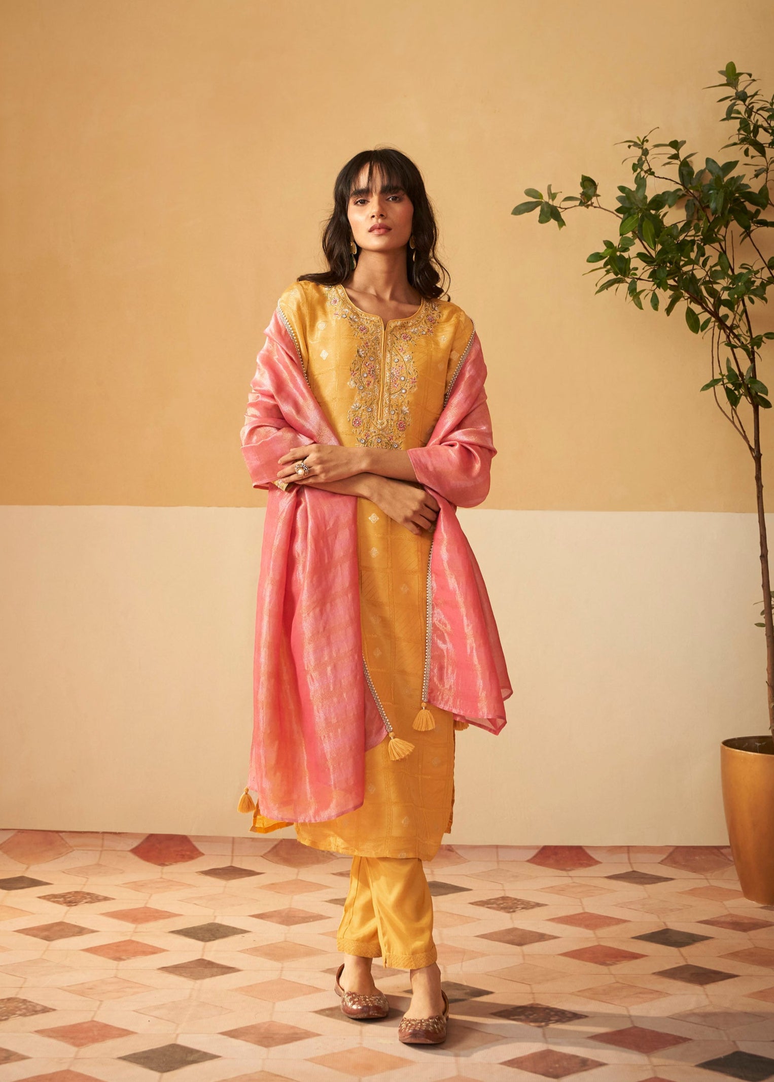 Saffron Yellow Shimmer Self-Jacquard Silk Kurta Set