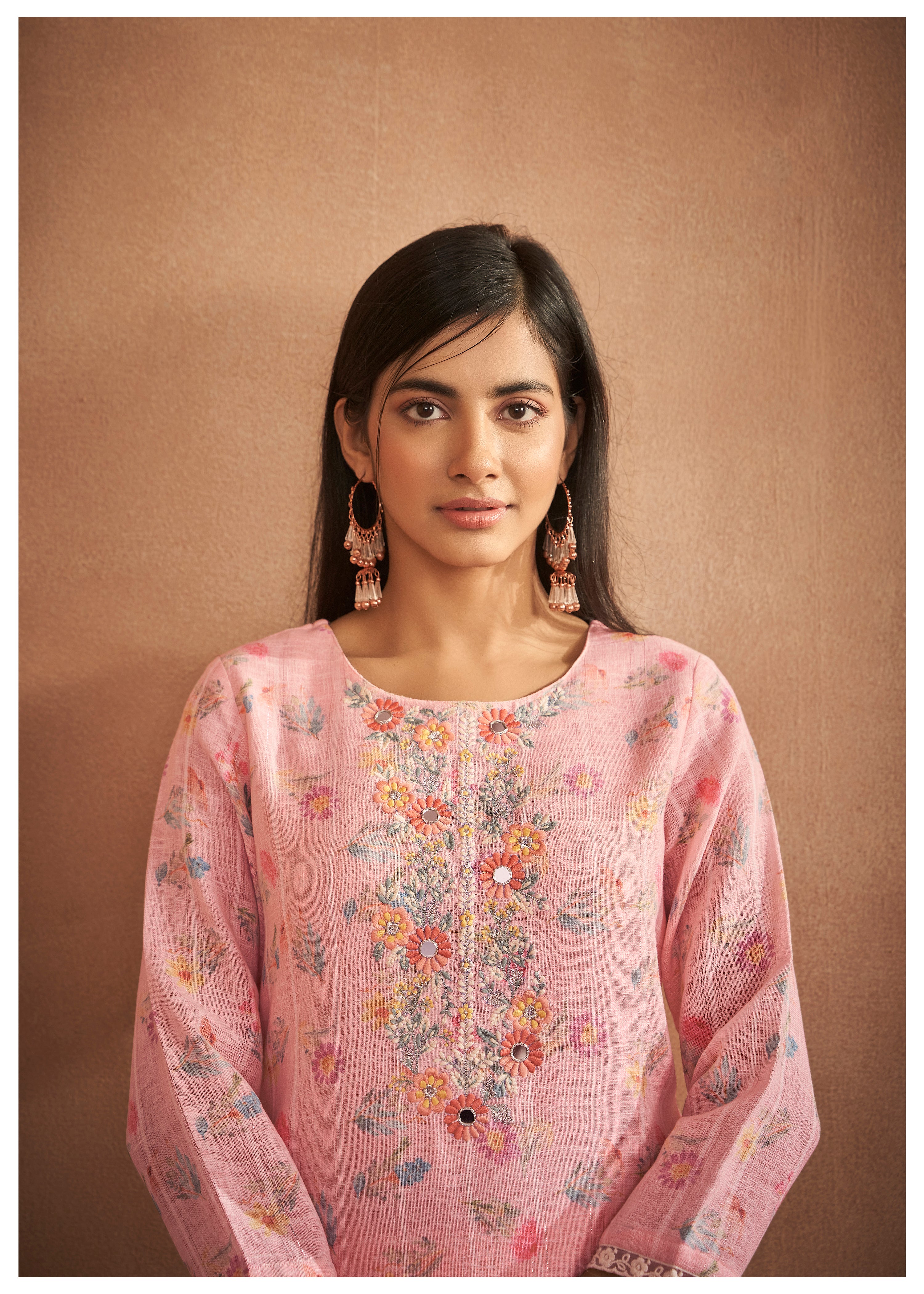 Embroidered Pink Cotton Linen Ensemble