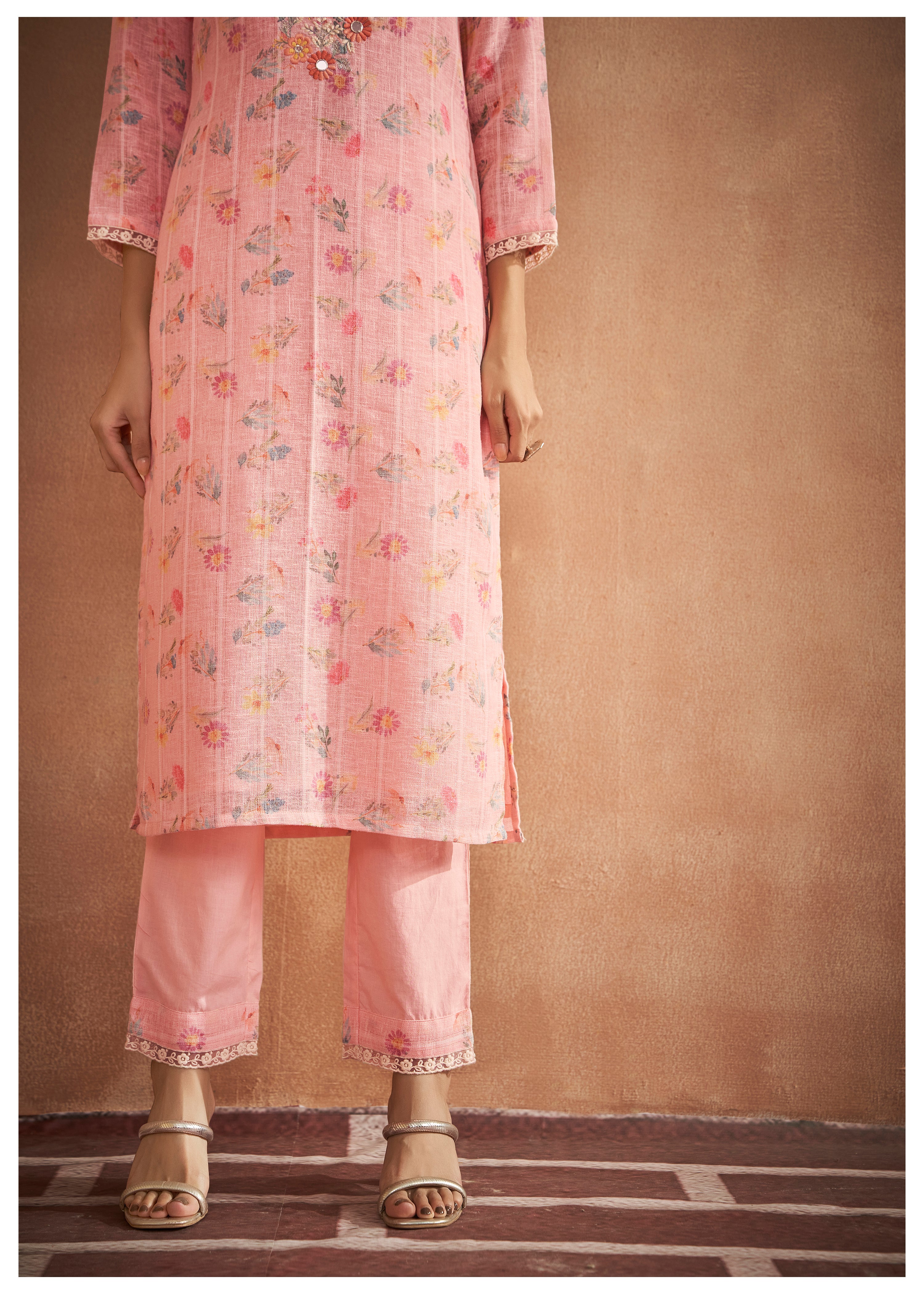Embroidered Pink Cotton Linen Ensemble