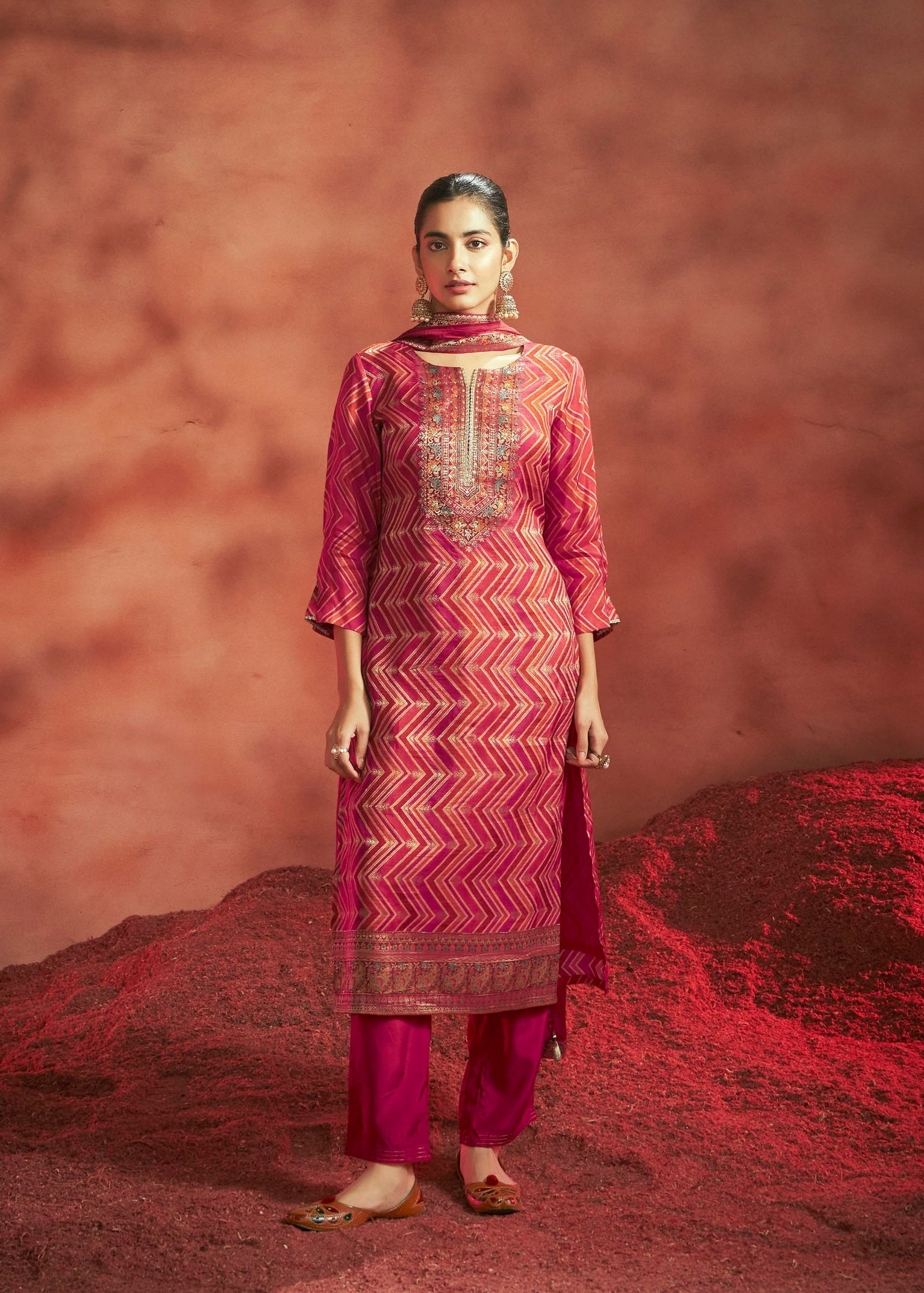 Ruby Radiance Jacquard Organza Set
