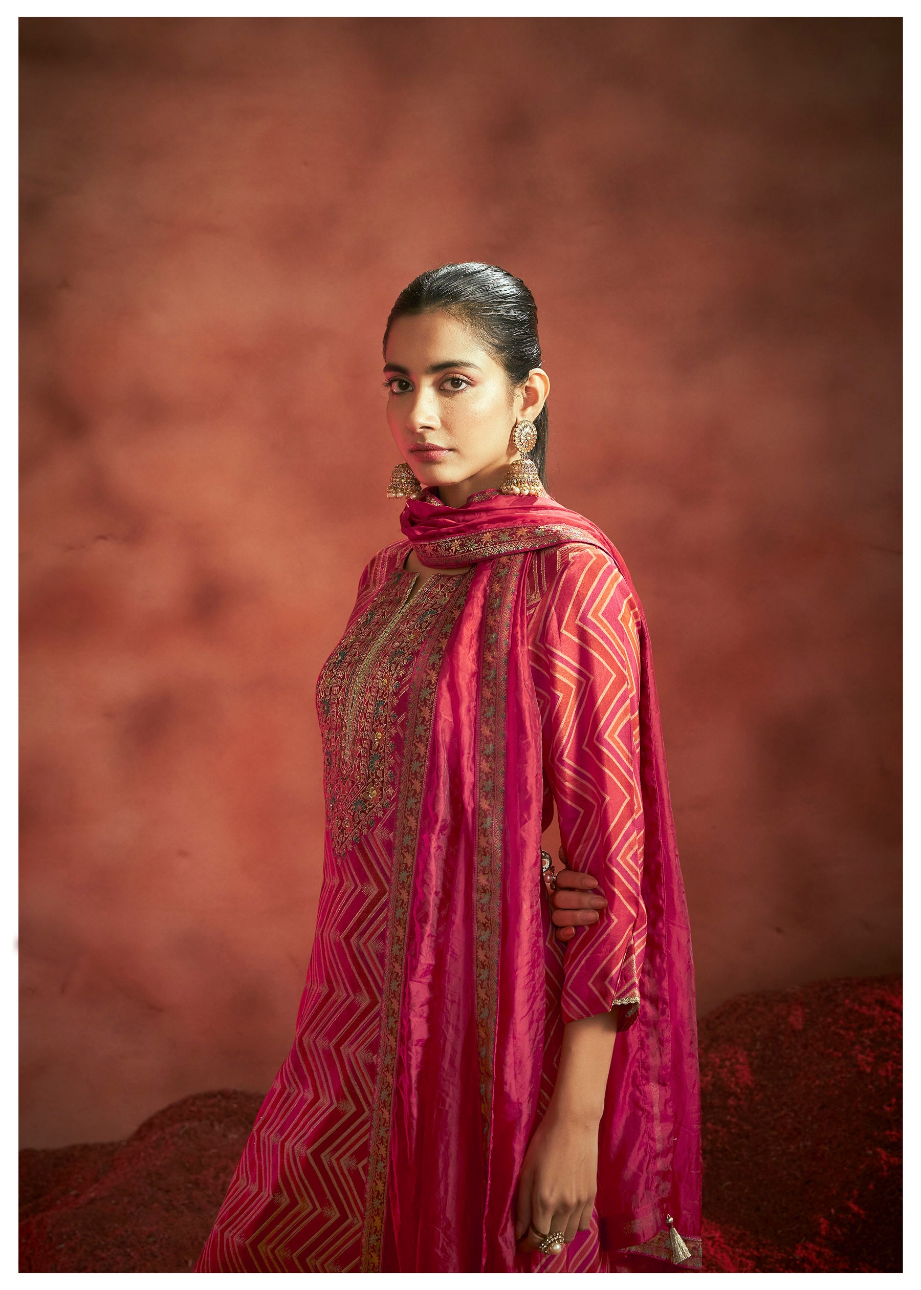 Ruby Radiance Jacquard Organza Set