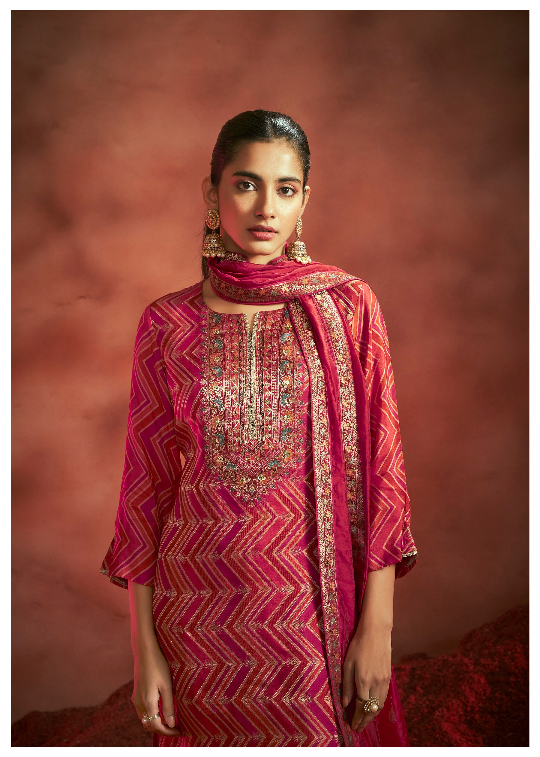 Ruby Radiance Jacquard Organza Set