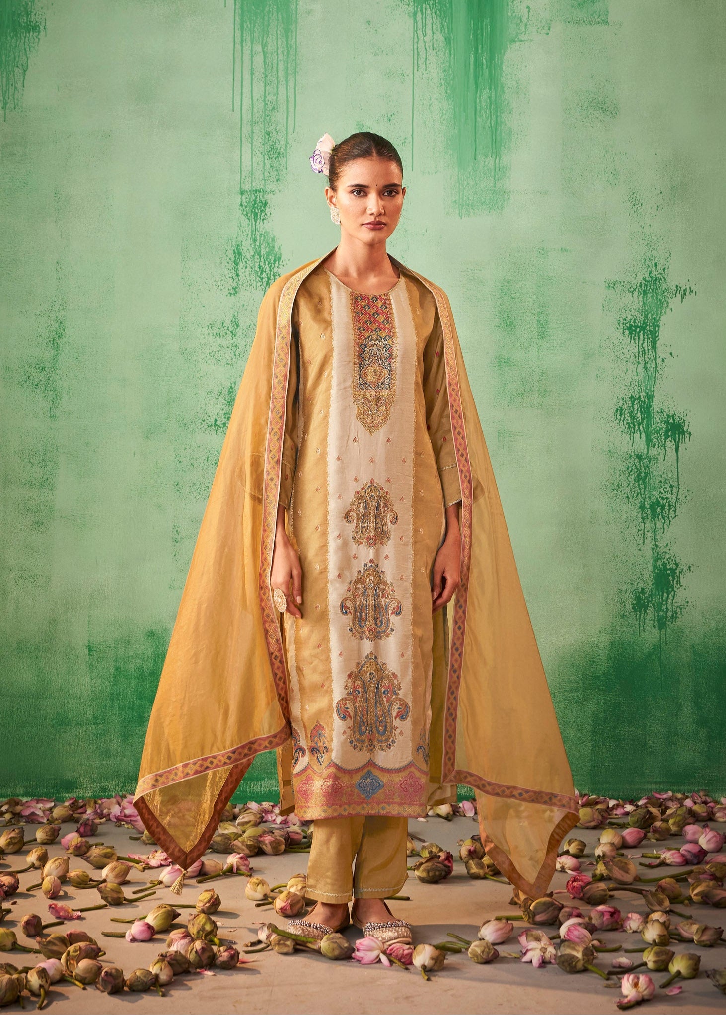 Mustard Radiance Jacquard Organza Set
