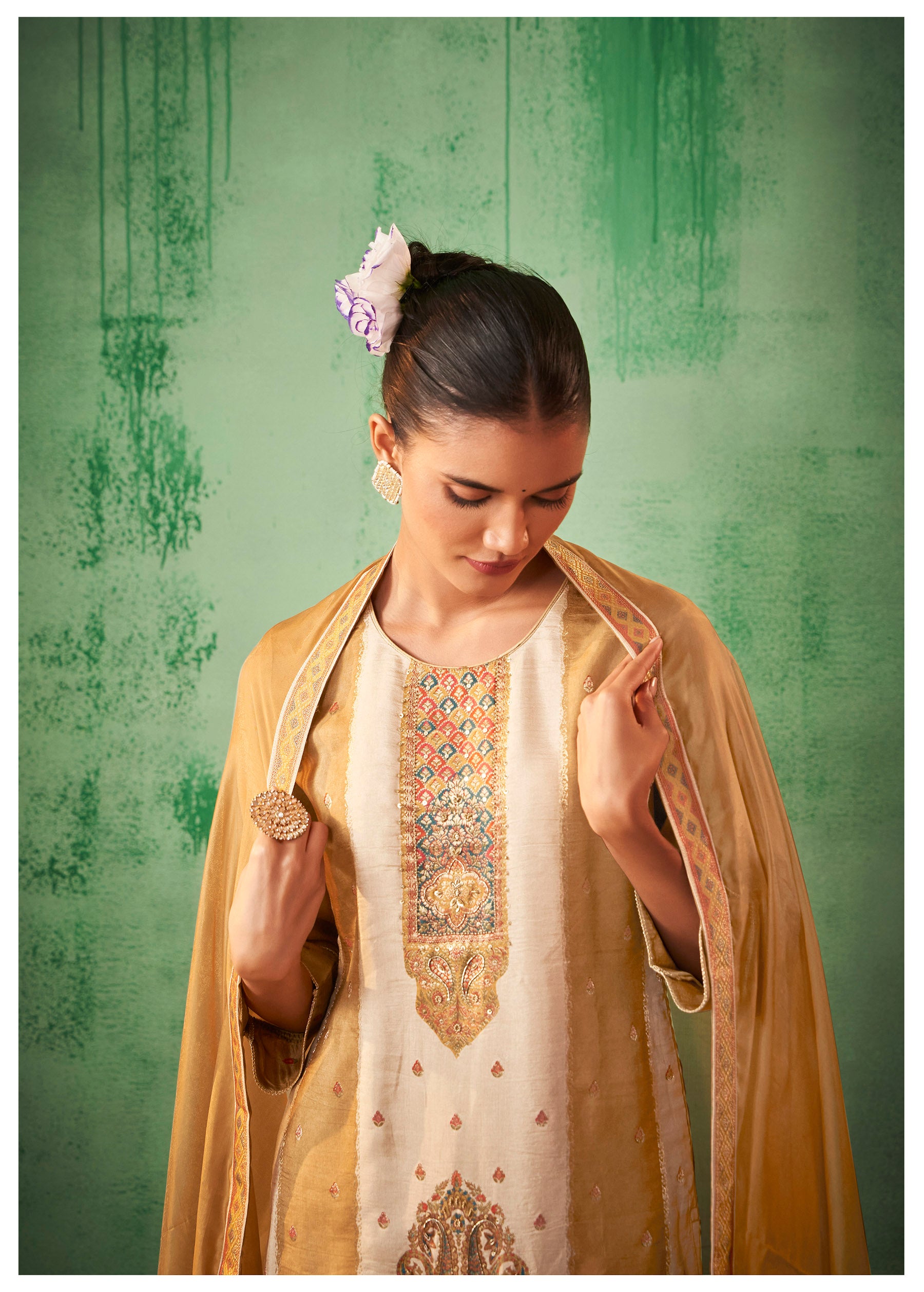 Mustard Radiance Jacquard Organza Set