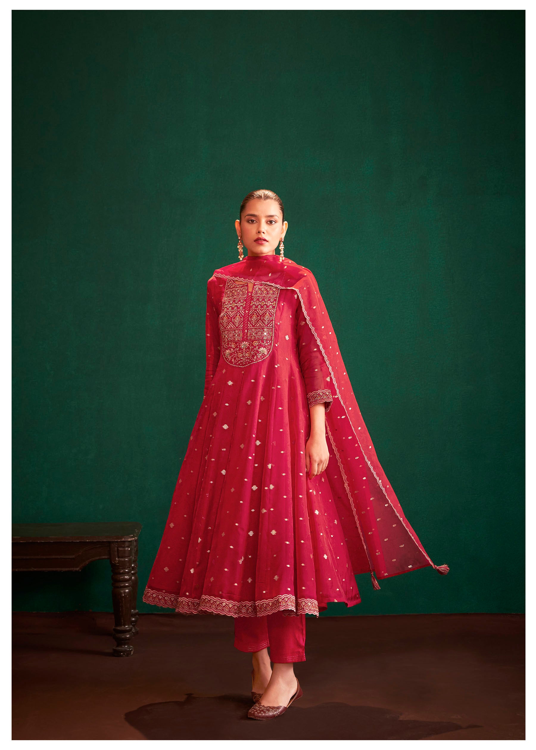 Rubra Red Jacquard Organza Kurta Set