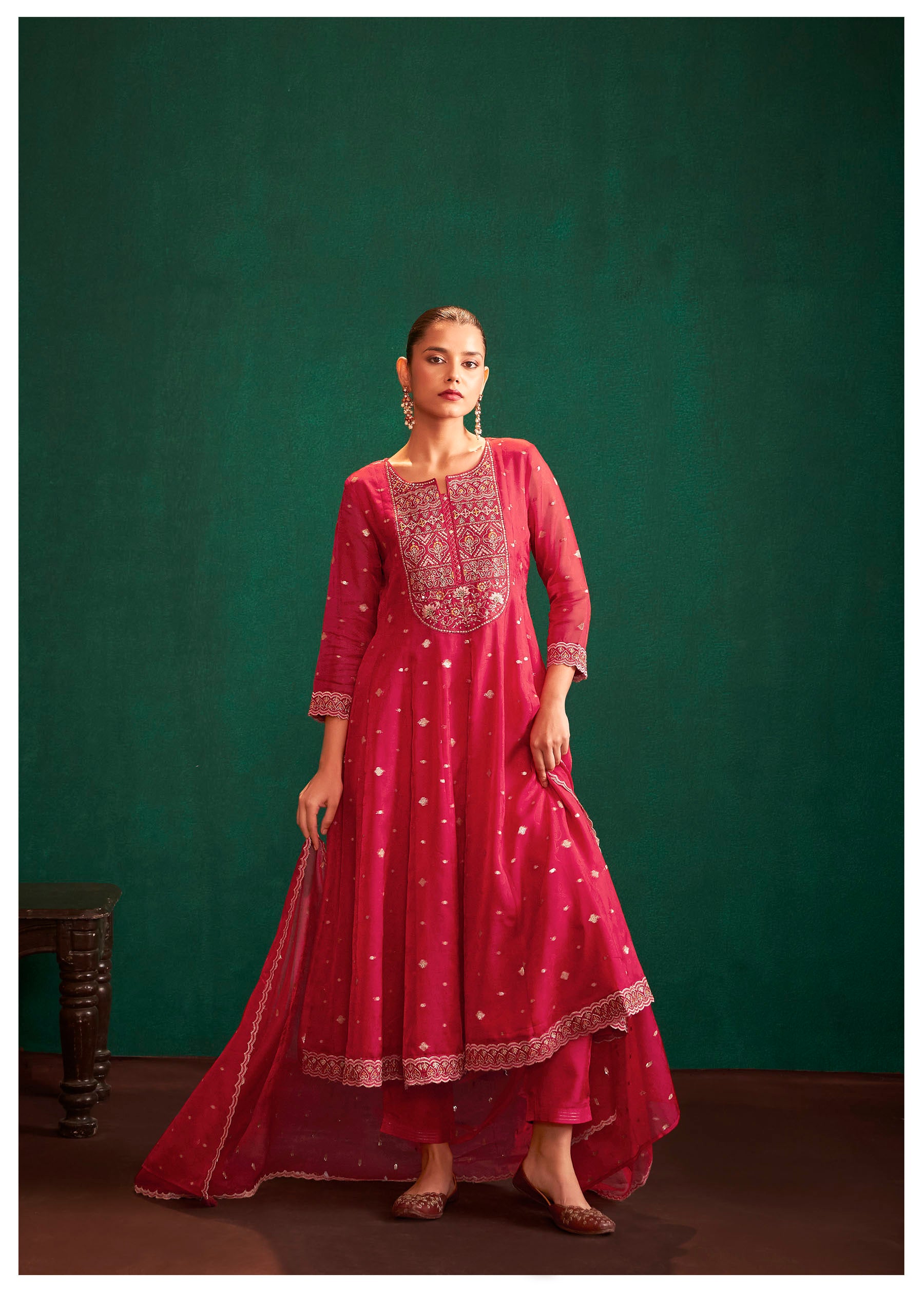 Rubra Red Jacquard Organza Kurta Set