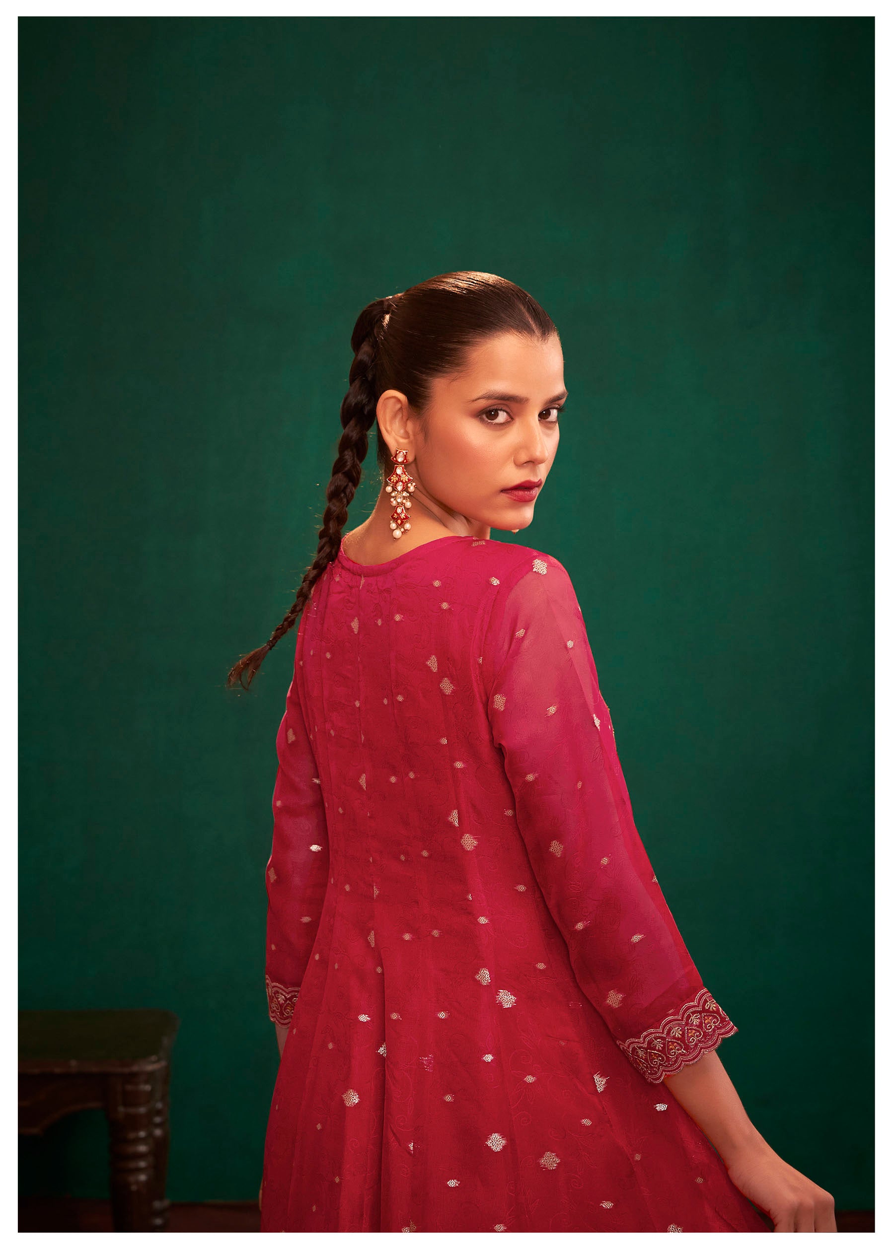 Rubra Red Jacquard Organza Kurta Set