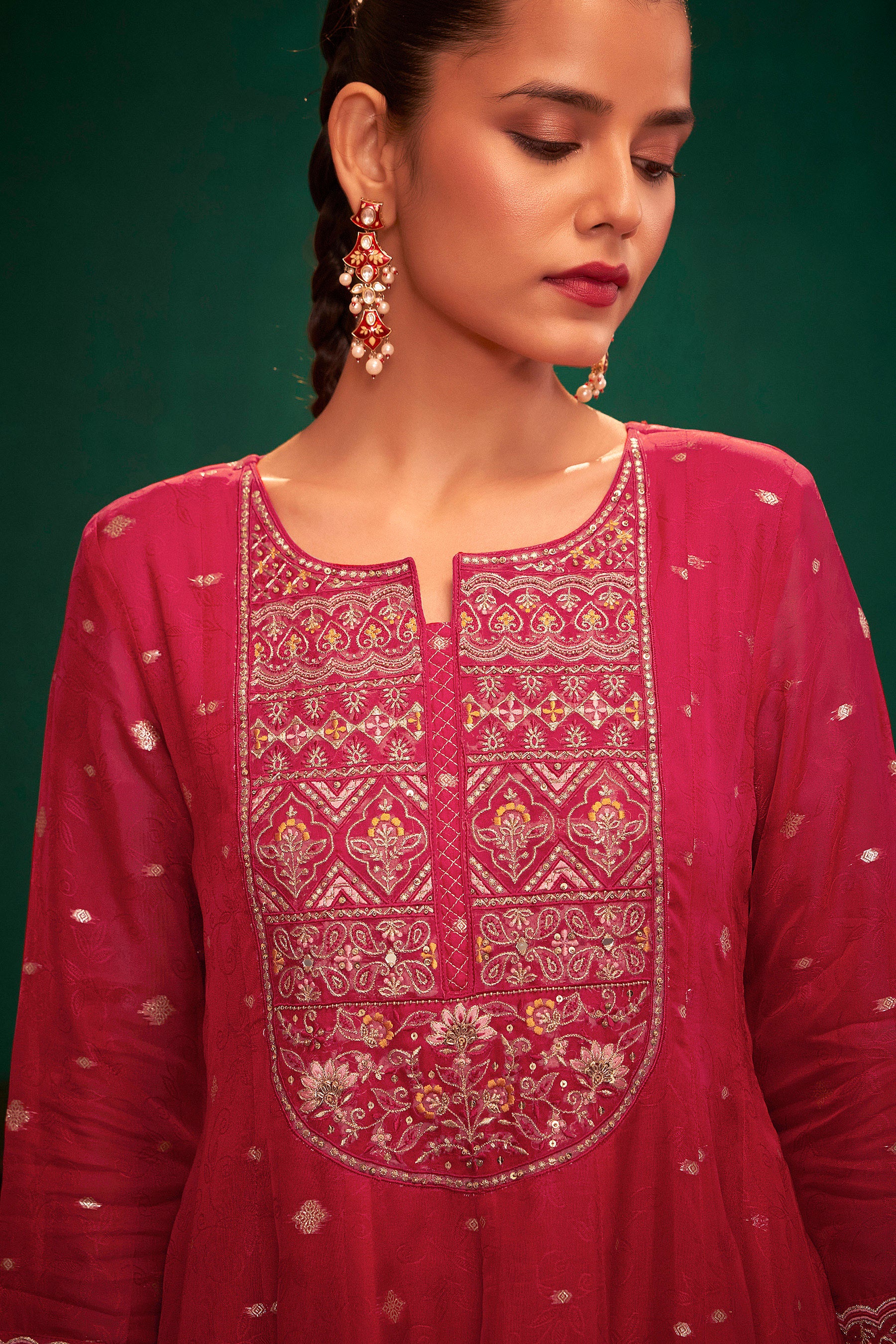Rubra Red Jacquard Organza Kurta Set