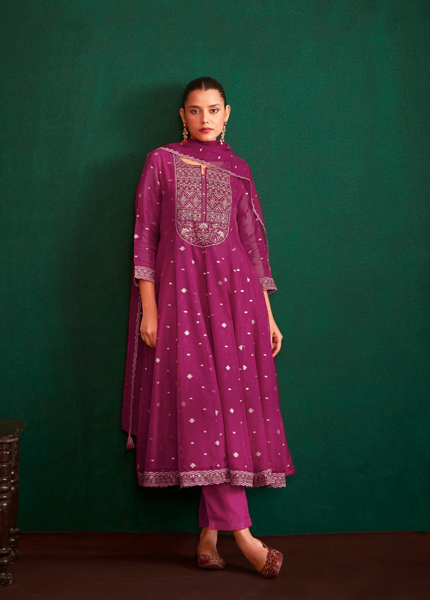 Merlina Wine Organza Jacquard Kurta Set