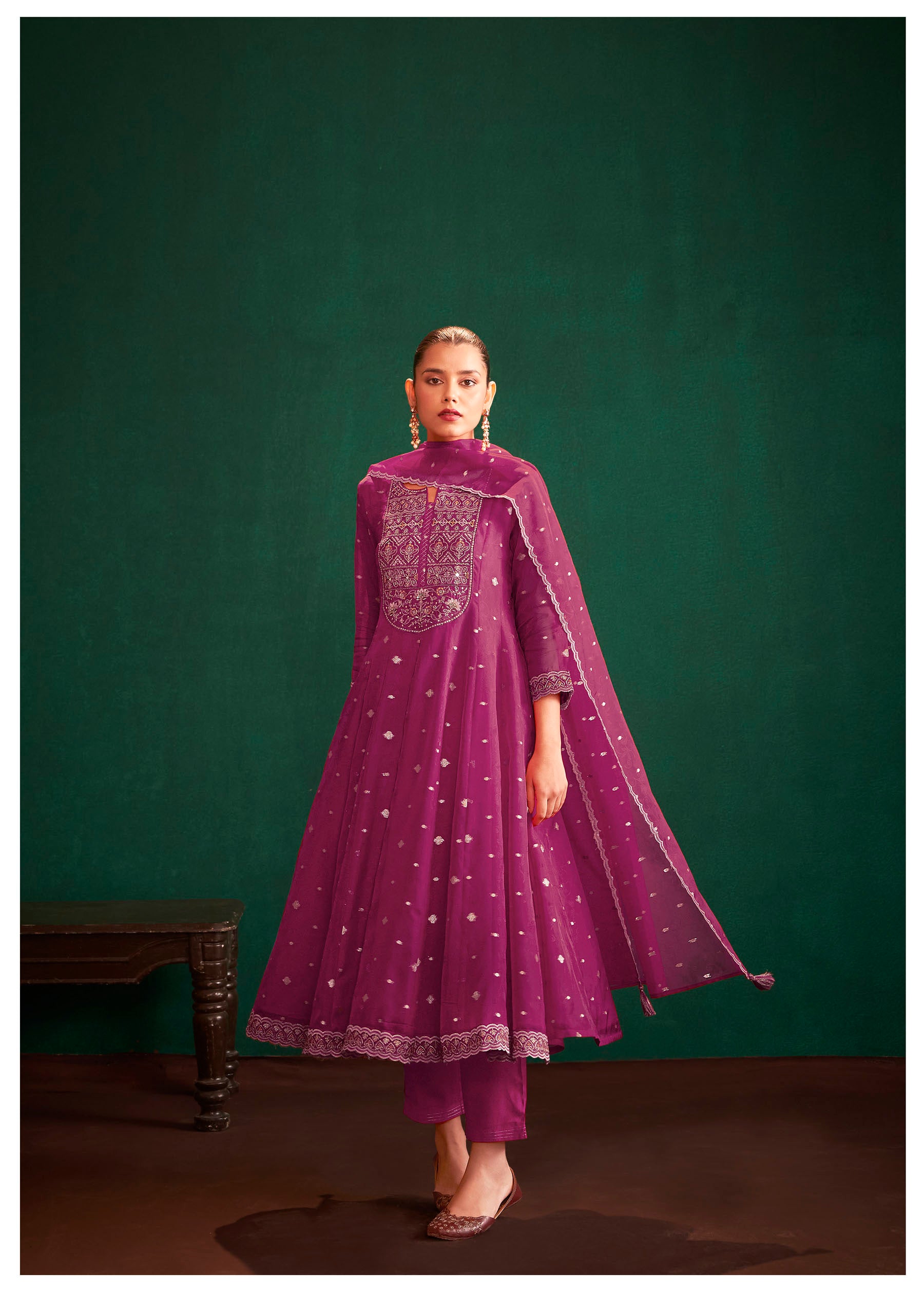 Merlina Wine Organza Jacquard Kurta Set
