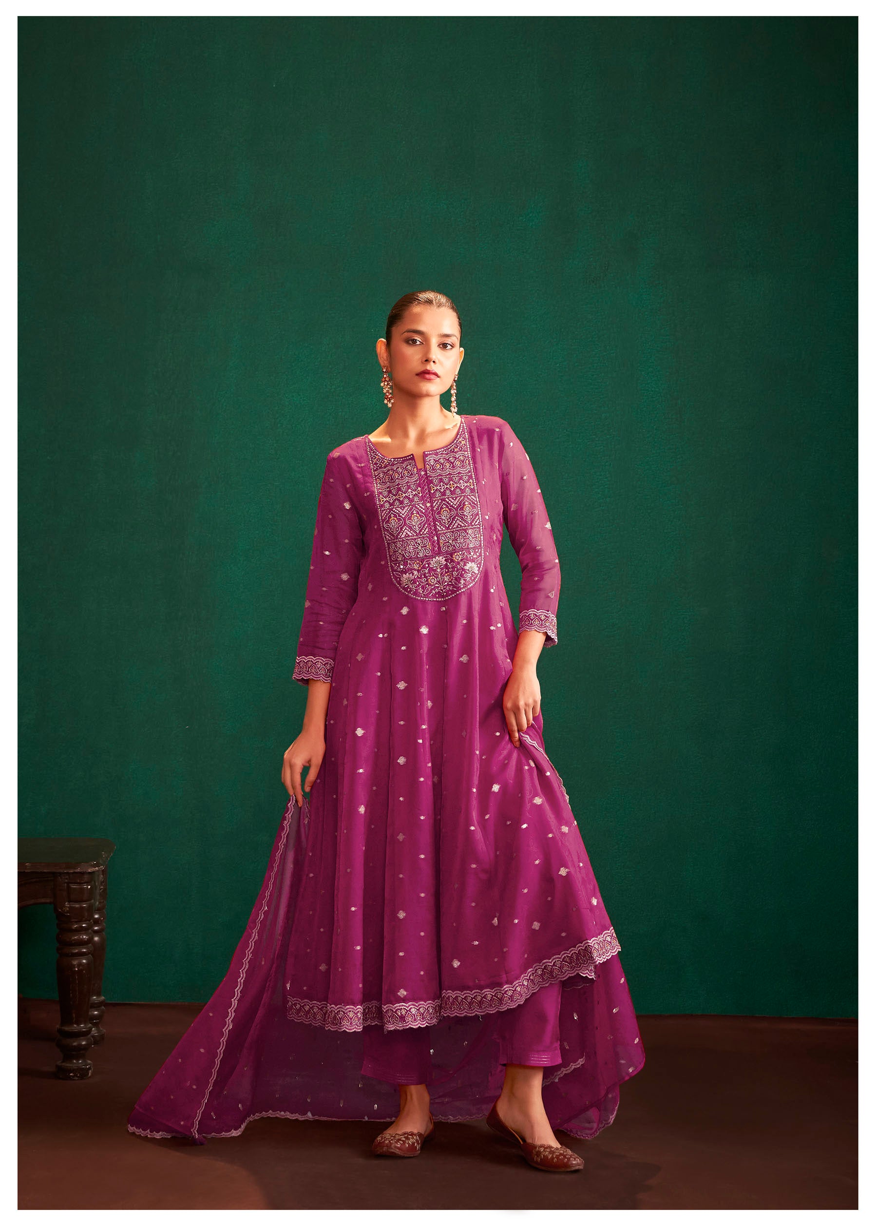 Merlina Wine Organza Jacquard Kurta Set