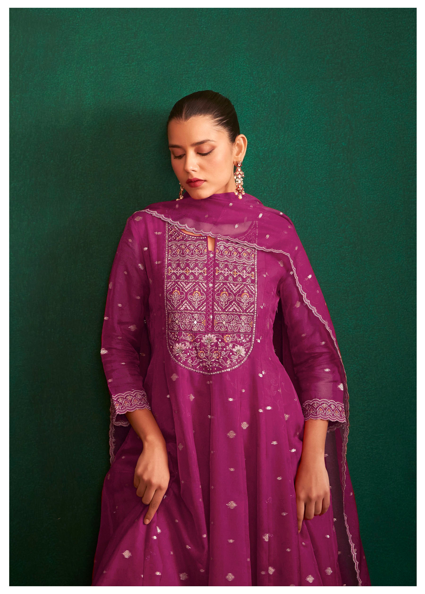 Merlina Wine Organza Jacquard Kurta Set