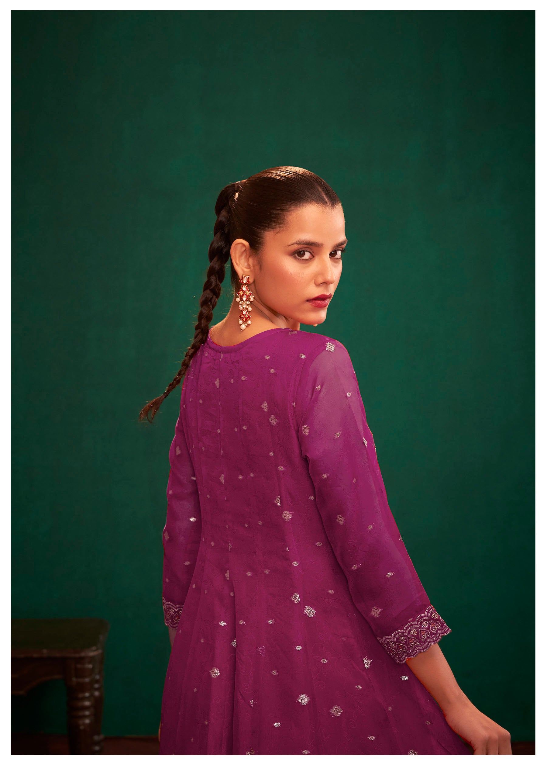 Merlina Wine Organza Jacquard Kurta Set