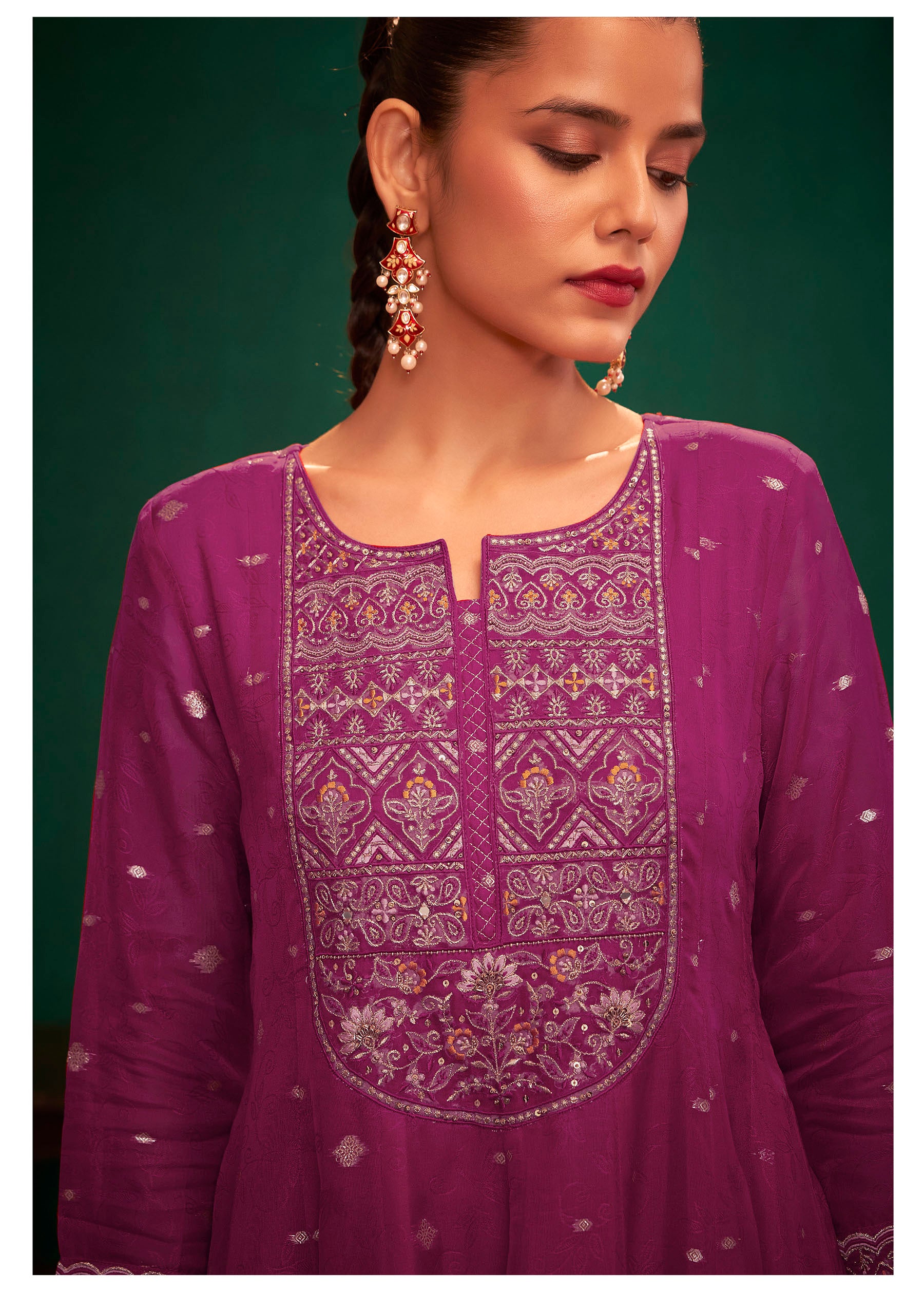 Merlina Wine Organza Jacquard Kurta Set
