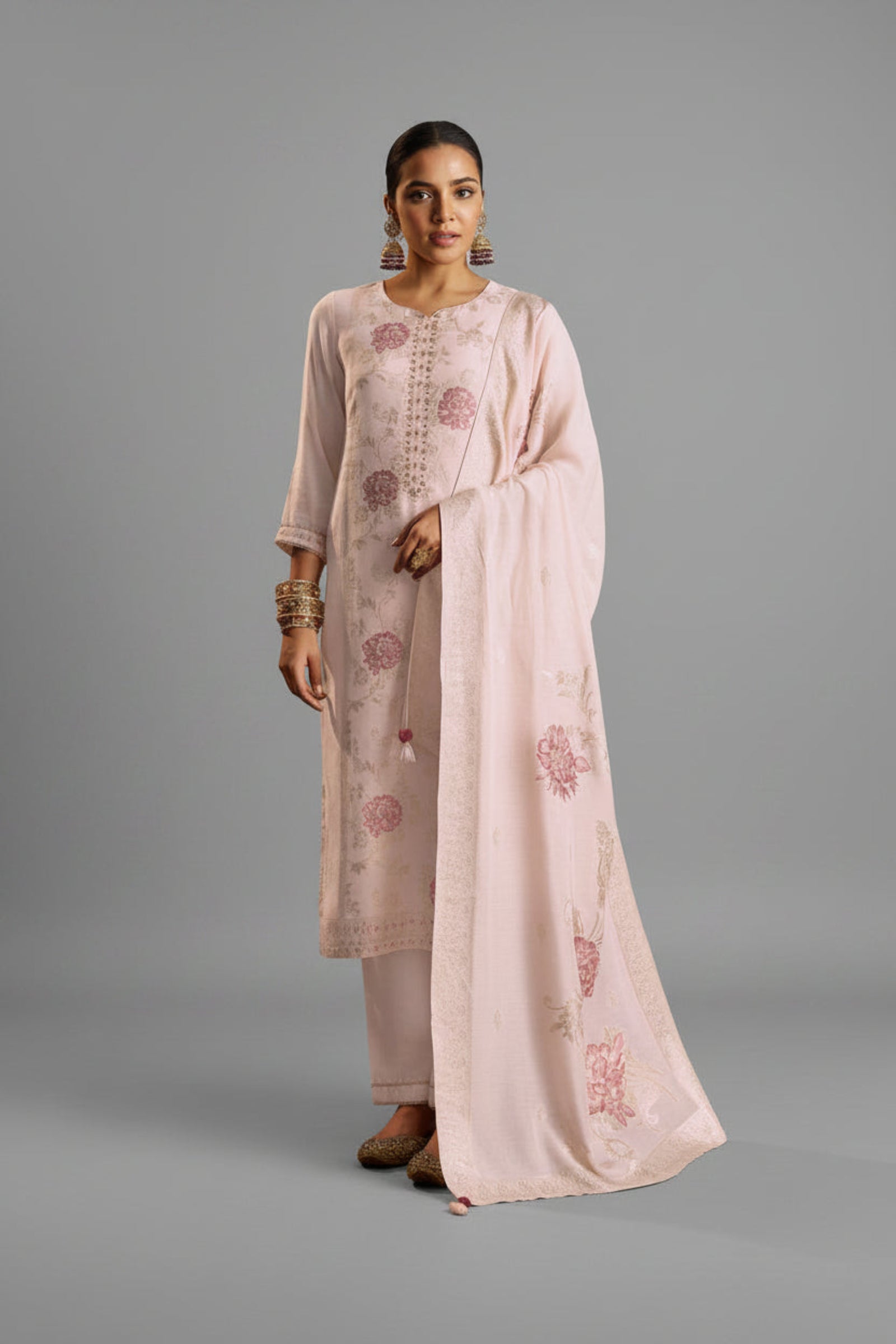 Zarelle Rosewood Pink Jacquard Embroidered Linen Kurta Set