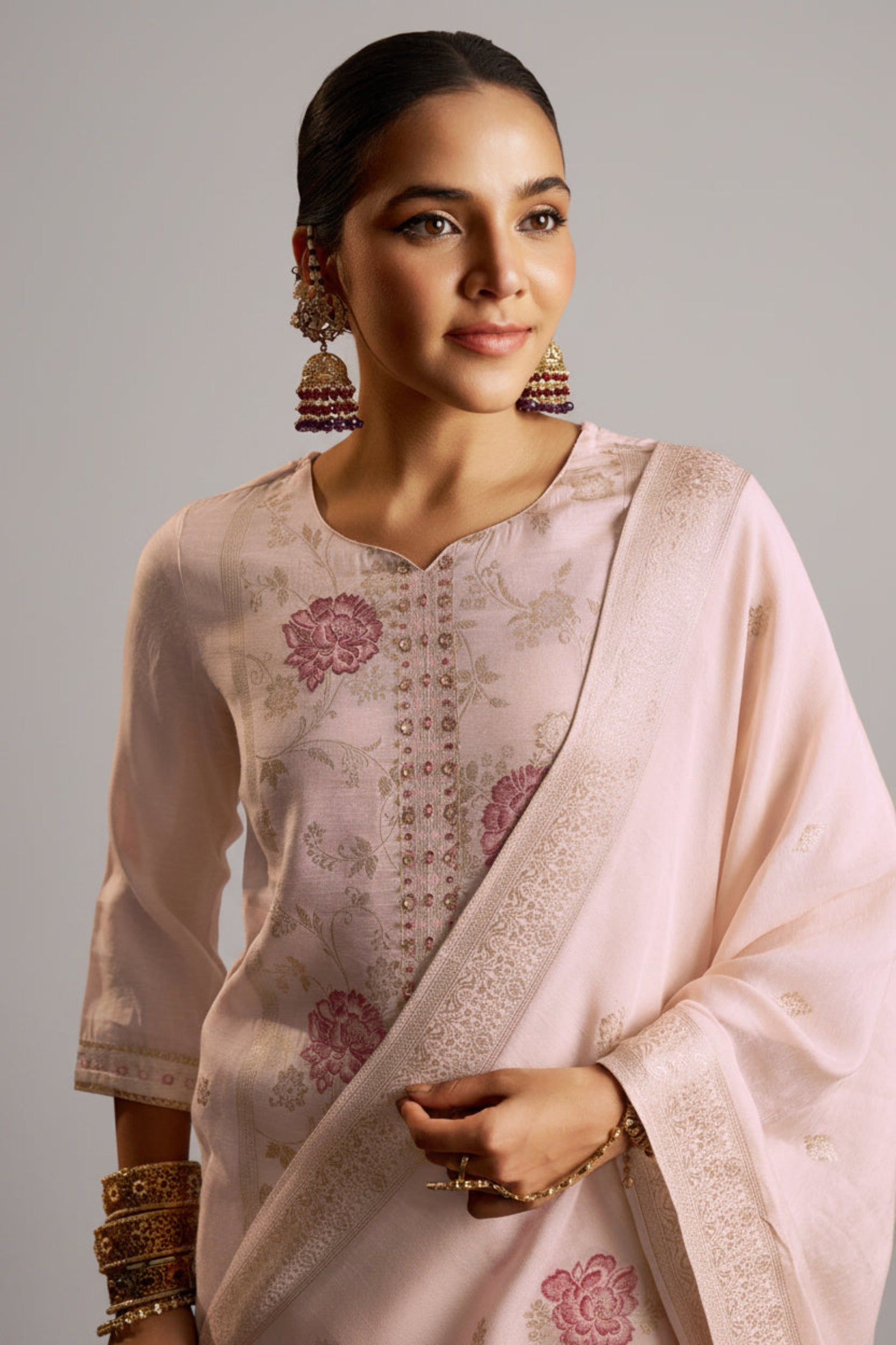 Zarelle Rosewood Pink Jacquard Embroidered Linen Kurta Set