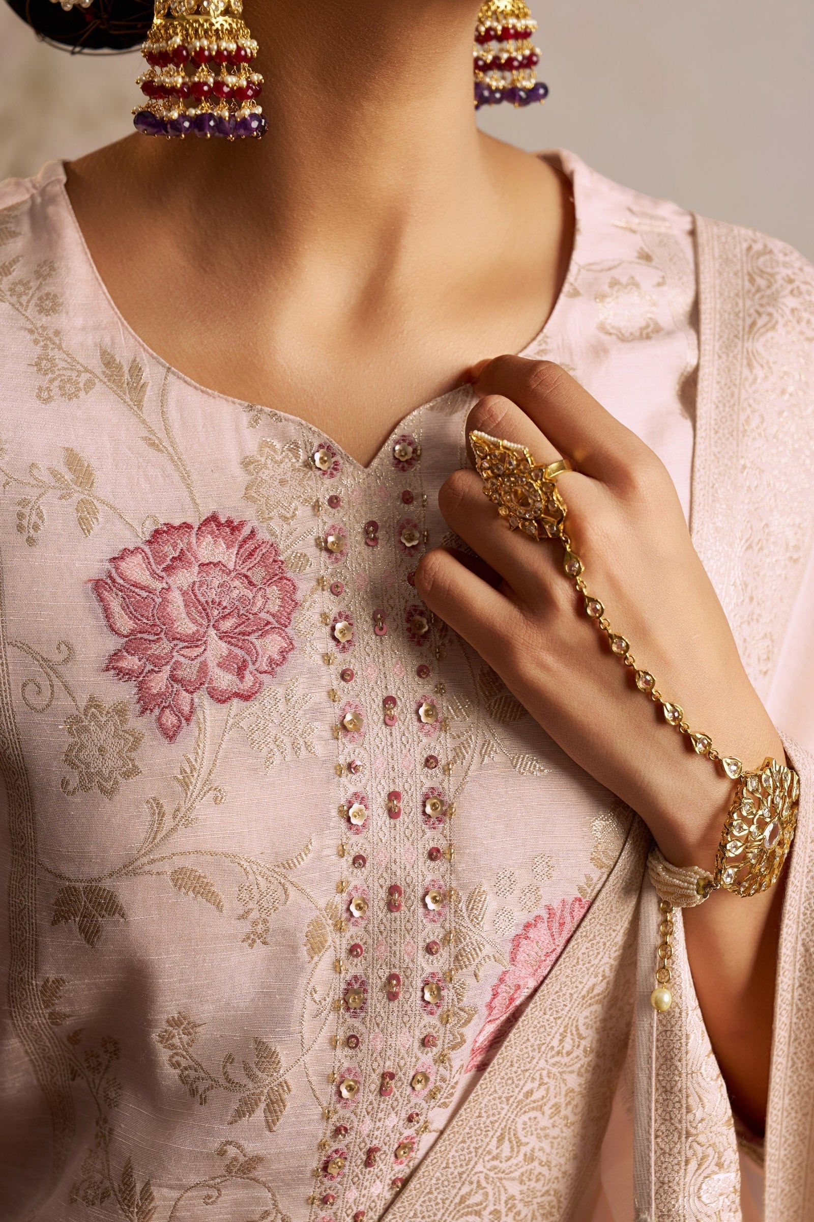 Zarelle Rosewood Pink Jacquard Embroidered Linen Kurta Set
