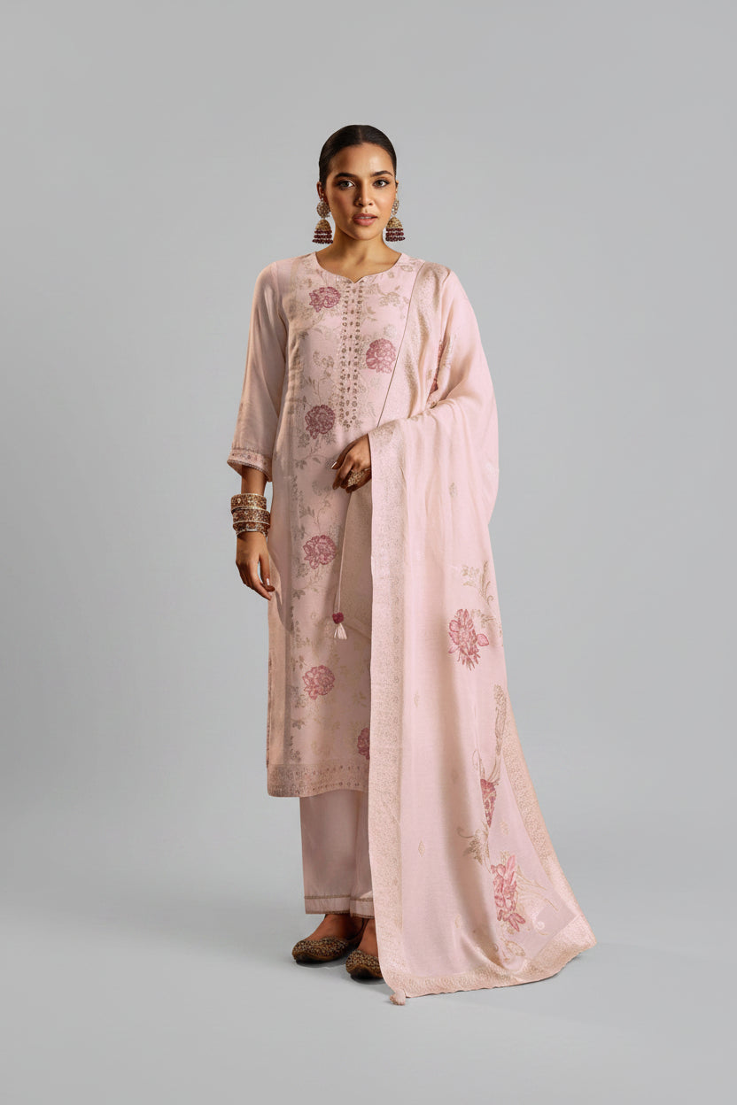 Zarelle Rosewood Pink Jacquard Embroidered Linen Kurta Set