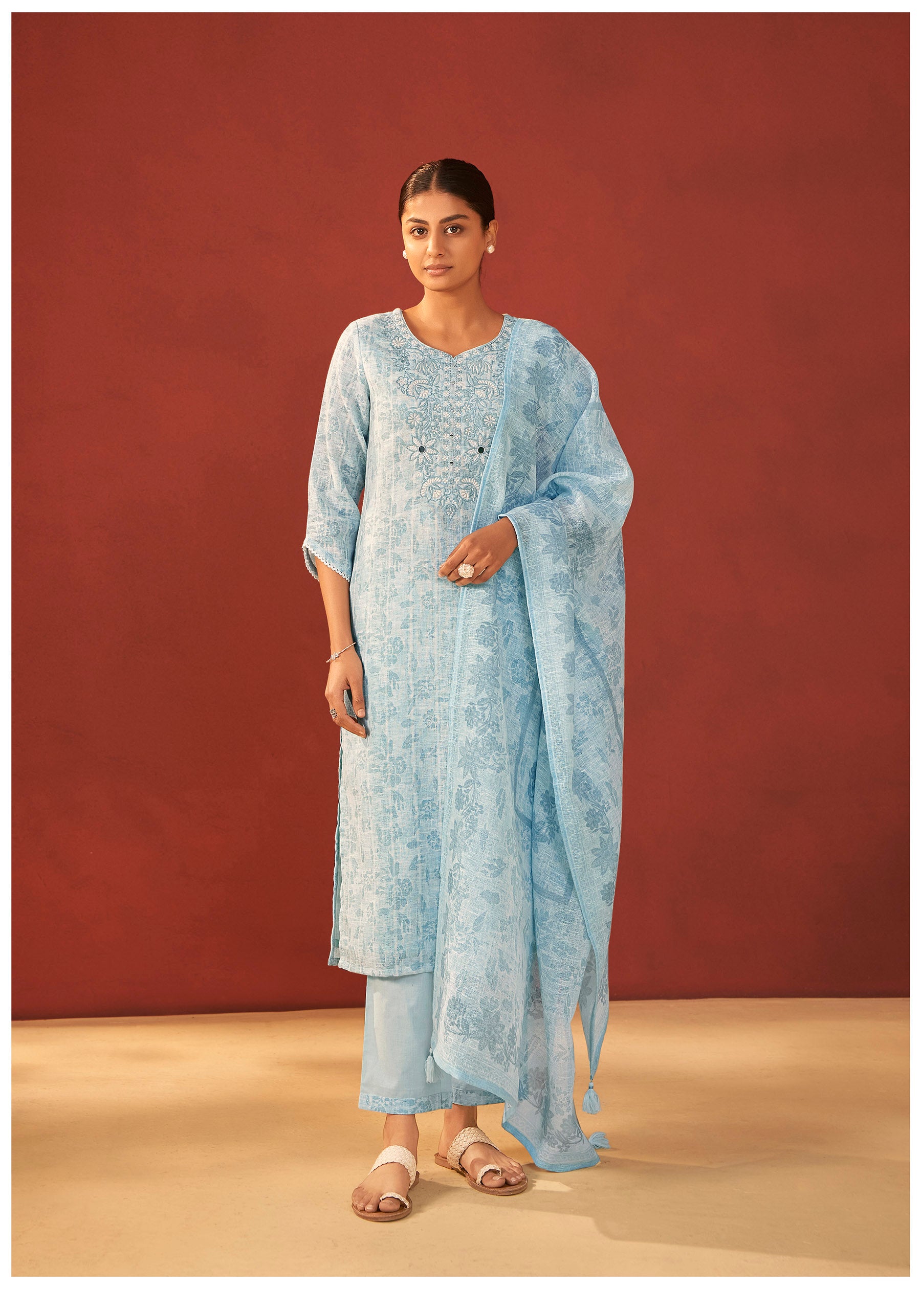Zorya Digital Print Embroidered Linen Kurta Set