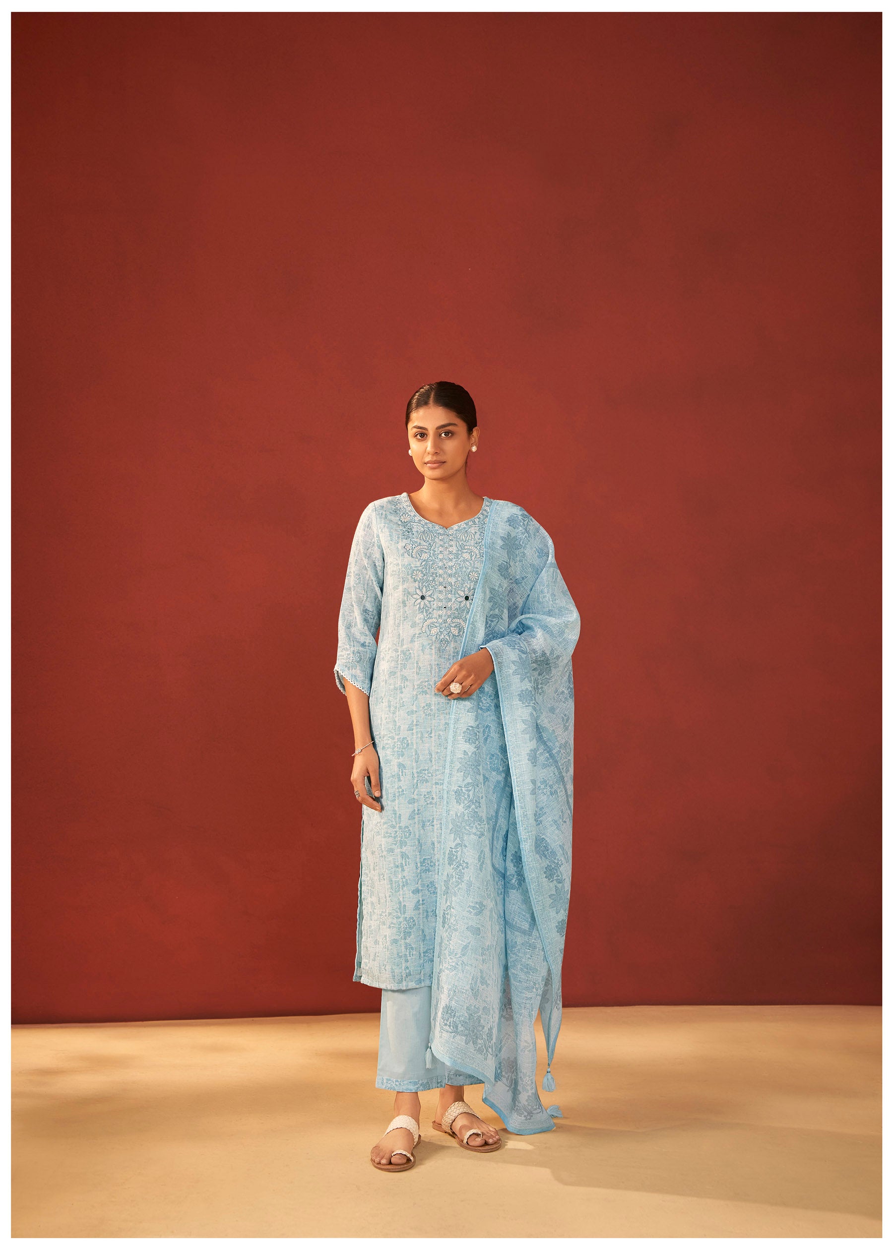 Zorya Digital Print Embroidered Linen Kurta Set