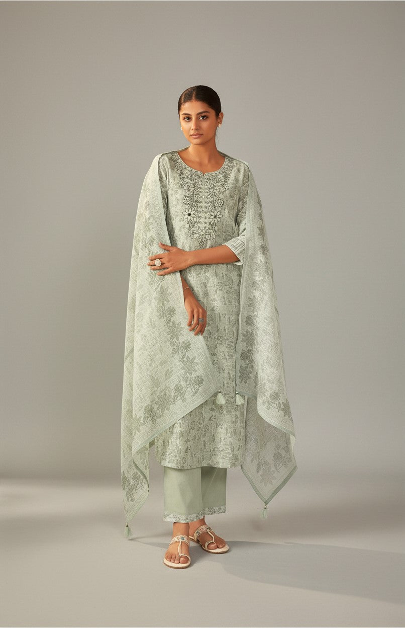 Elara Digital Print Embroidered Linen Kurta Set
