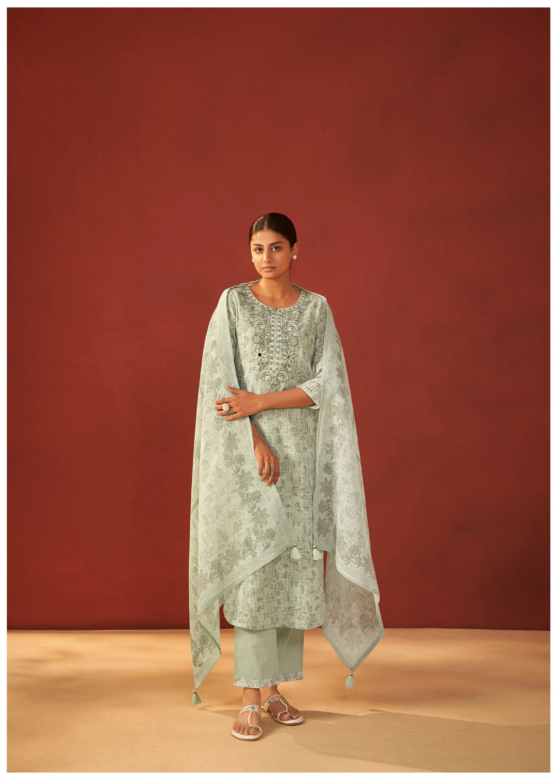 Elara Digital Print Embroidered Linen Kurta Set