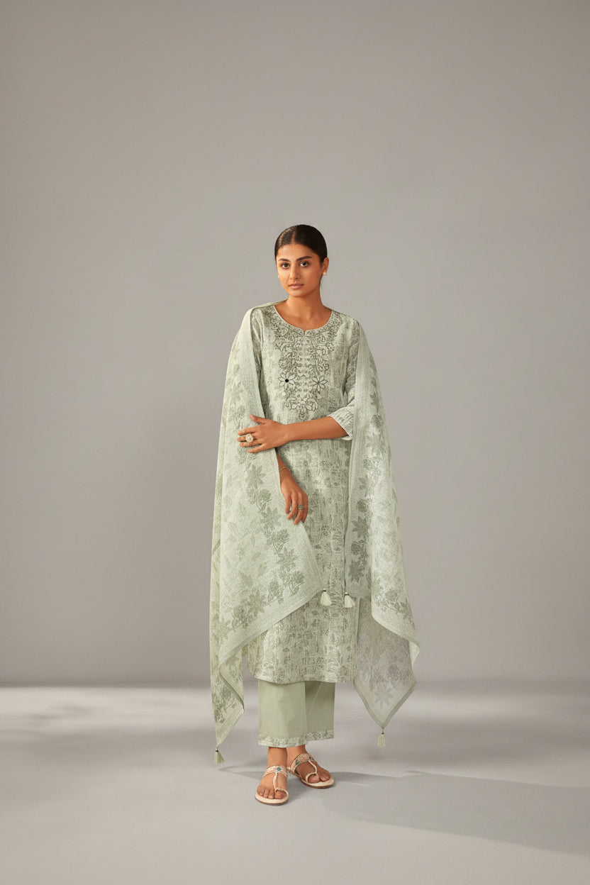 Elara Digital Print Embroidered Linen Kurta Set