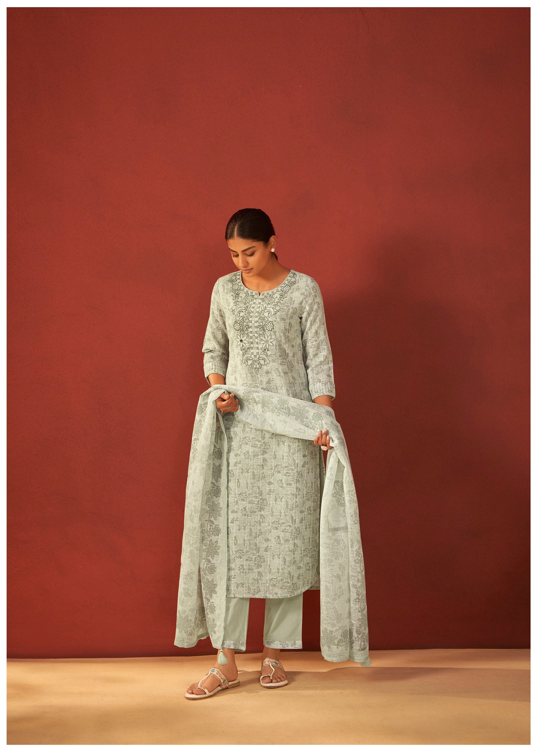 Elara Digital Print Embroidered Linen Kurta Set
