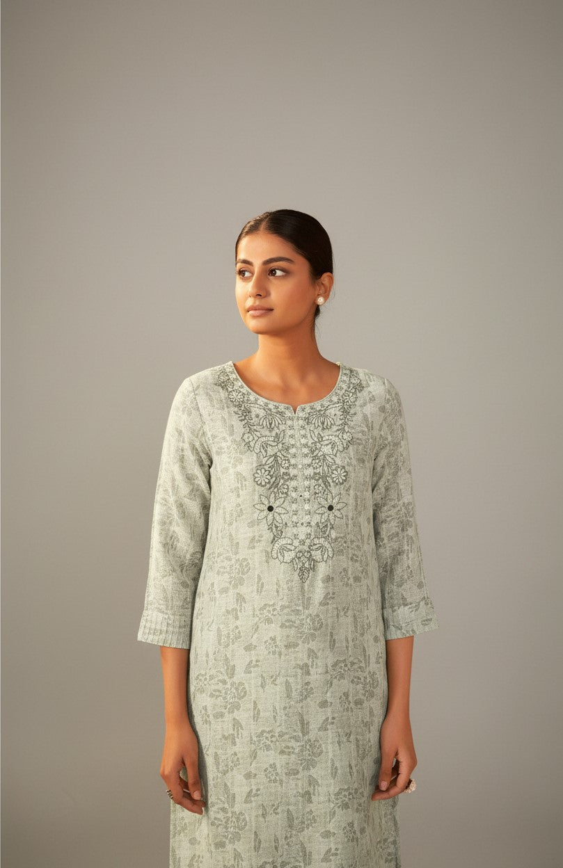 Elara Digital Print Embroidered Linen Kurta Set