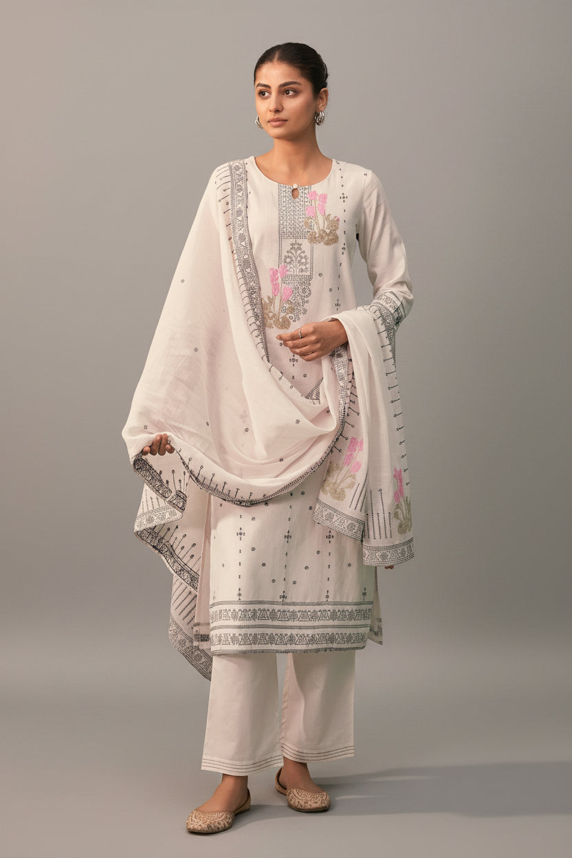 Emberlyn Cream Jacquard Cotton Kurta Set