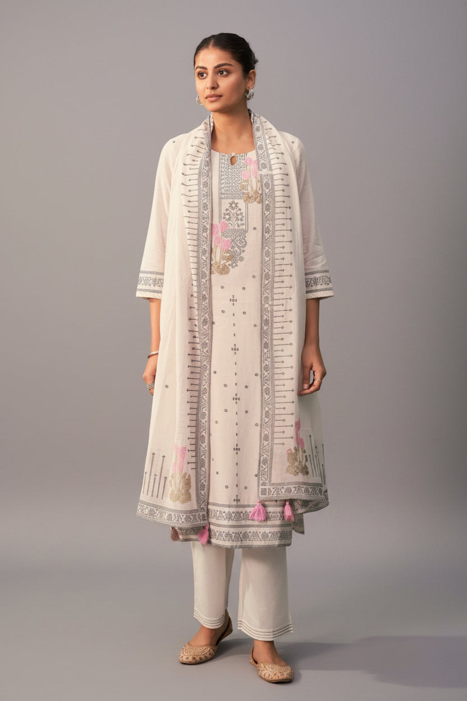 Emberlyn Cream Jacquard Cotton Kurta Set