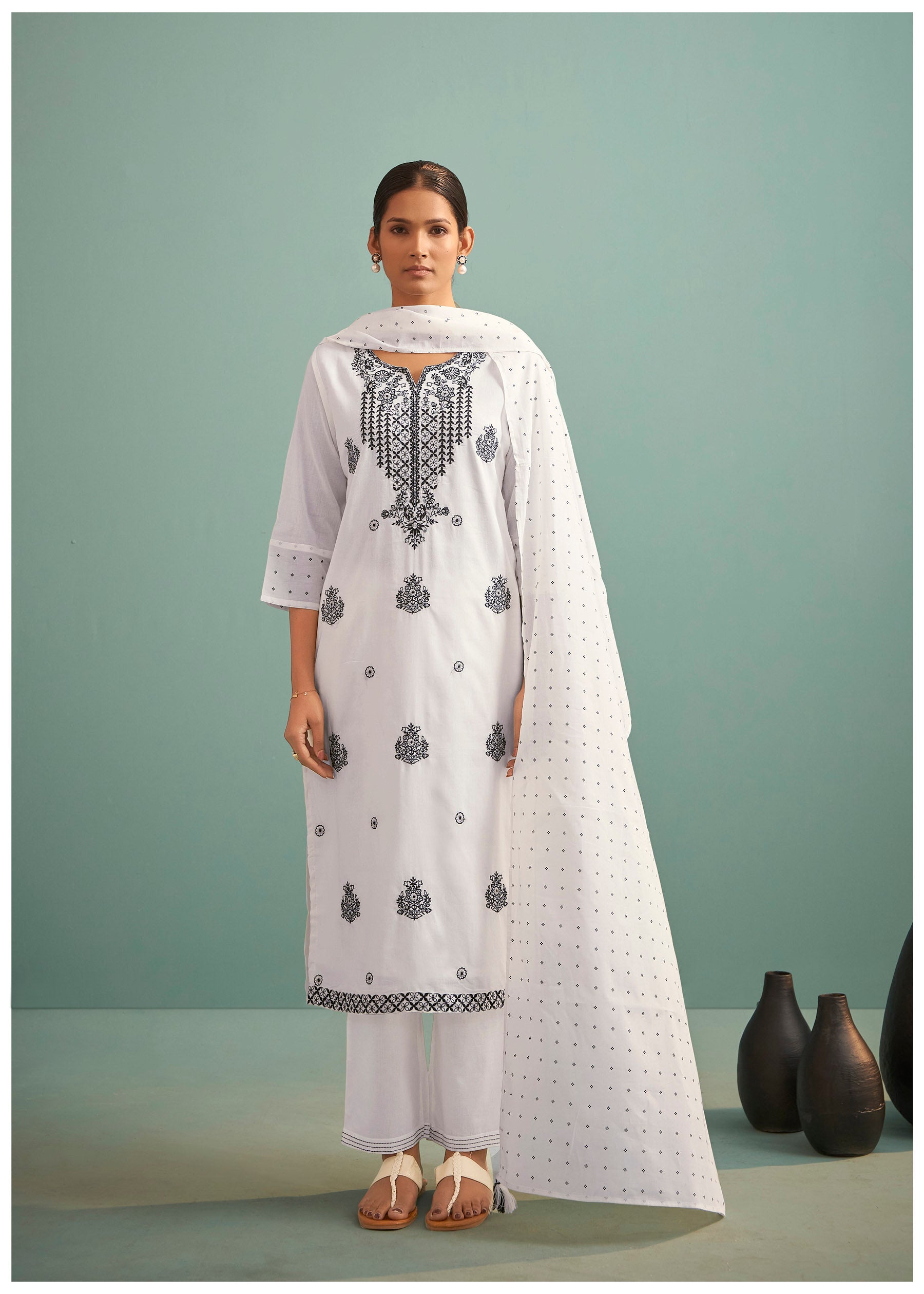 Corliss Cream Chikankari Embroidered Cotton Kurta Set